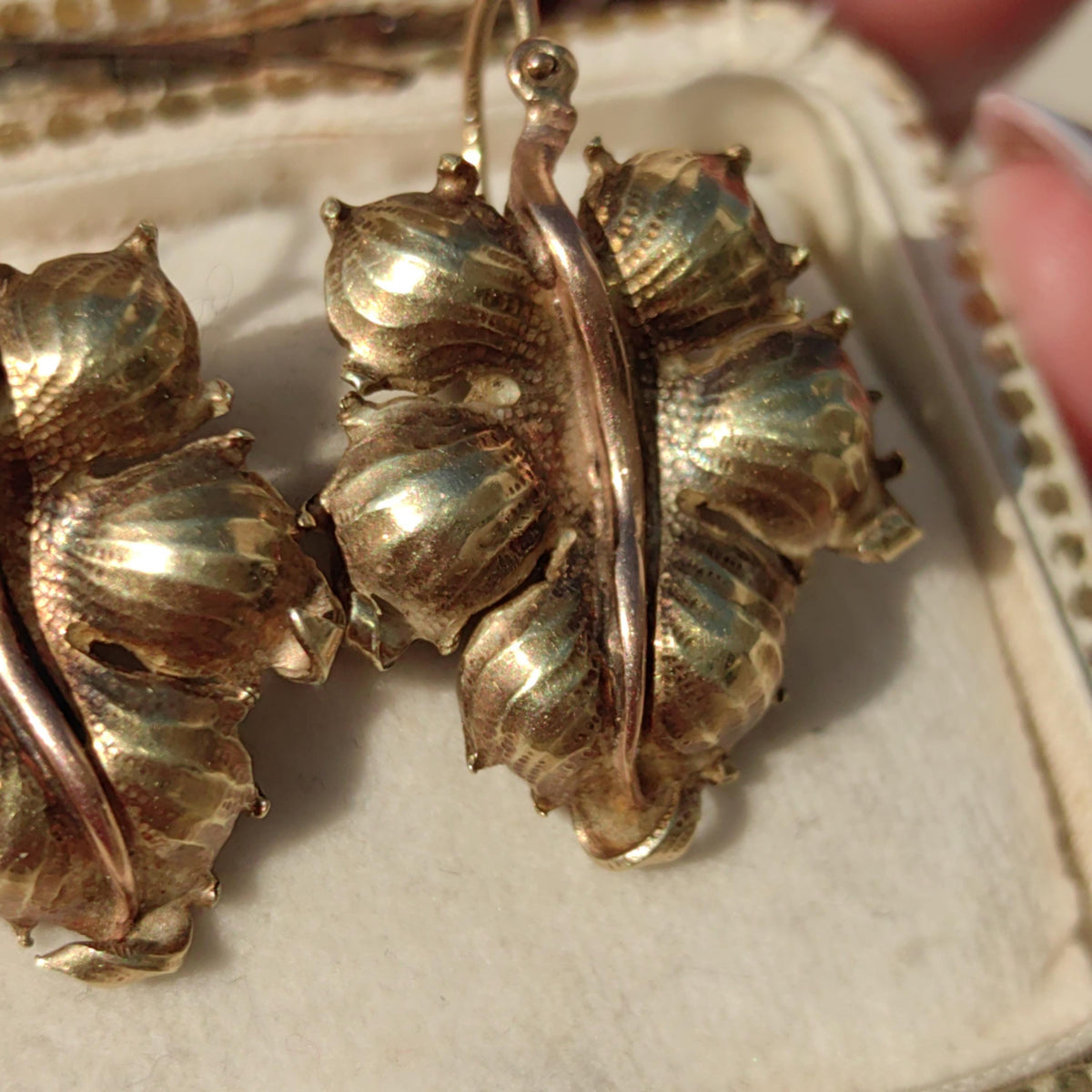 Antique 1870s Floral Leaf Earrings: 14k Yellow-Rose Gold Dormeuses