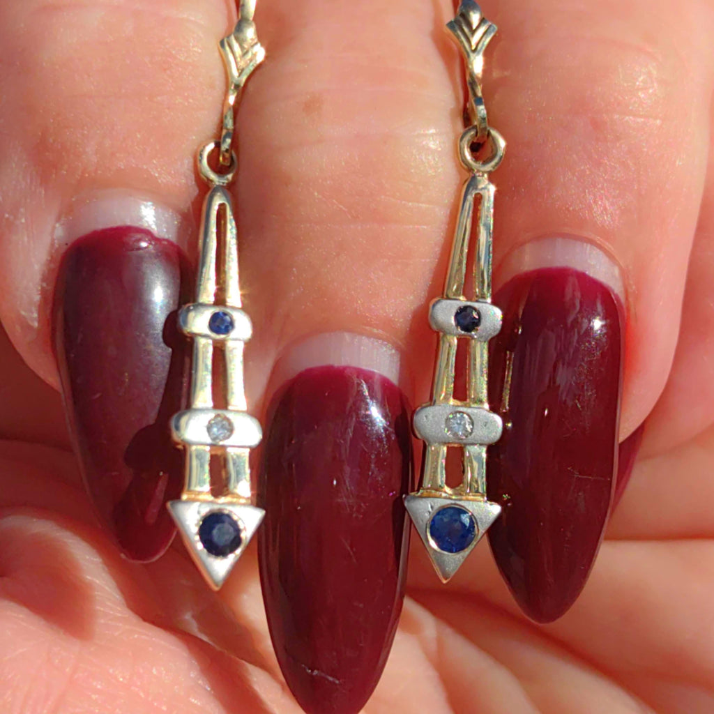 Antique Vintage Sapphire and Diamond 14k Solid Yellow Gold Mid Century Elegant Long Dangle Drop Lever Back Closure Earrings