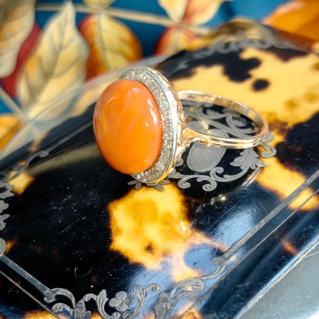 Art Deco Coral Diamond Ring: 1930s Platina Setting, 14k Gold