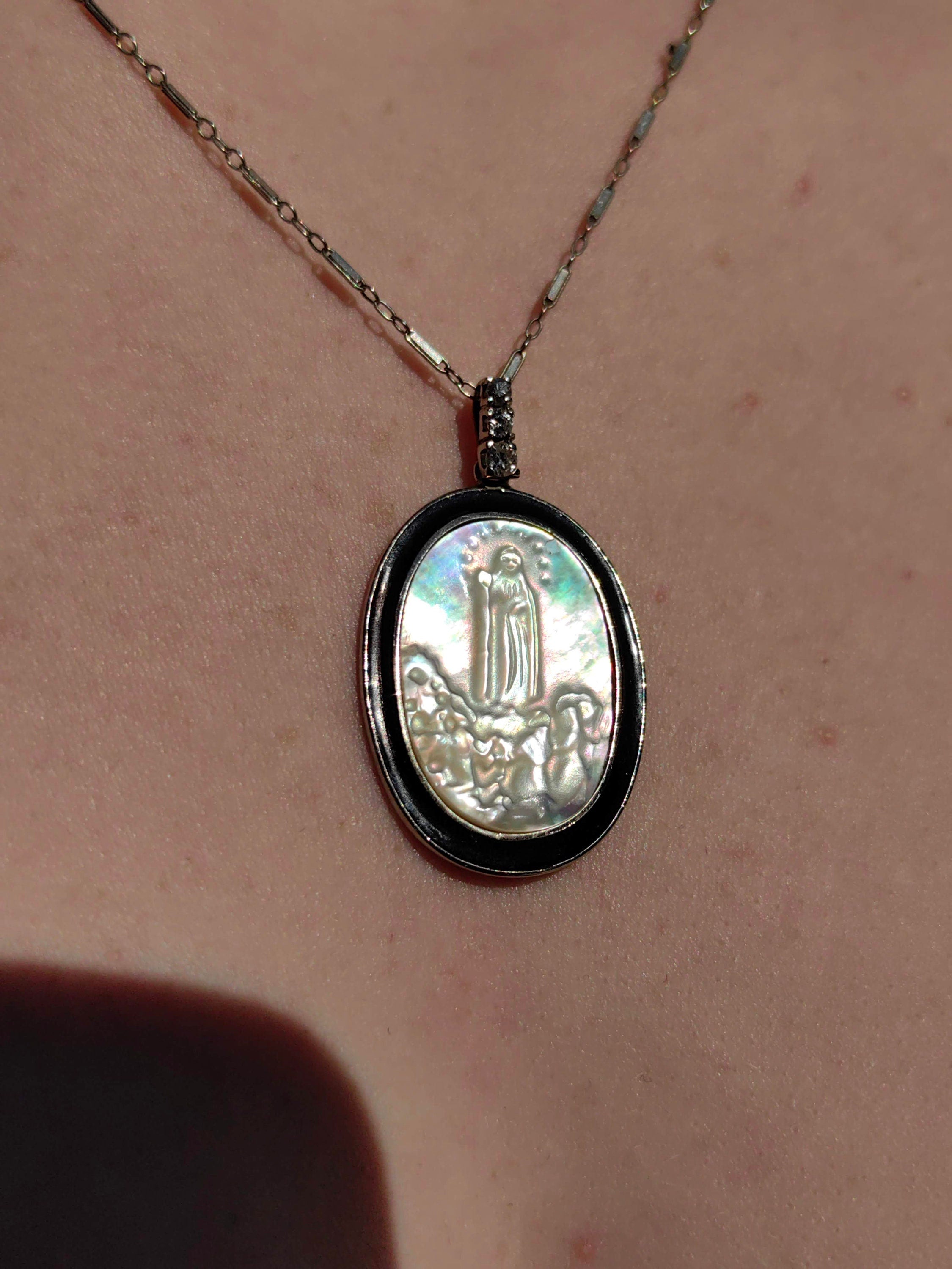 Art Deco 1920s 14k Solid Yellow Gold Jesus Pendant Natural Diamond, Mother of Pearl & Onyx Handmade Gift for her Present
