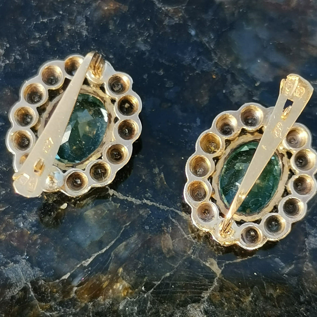 Vintage 1940s Aquamarine Diamond Earrings: 19.2k Gold & Silver Studs