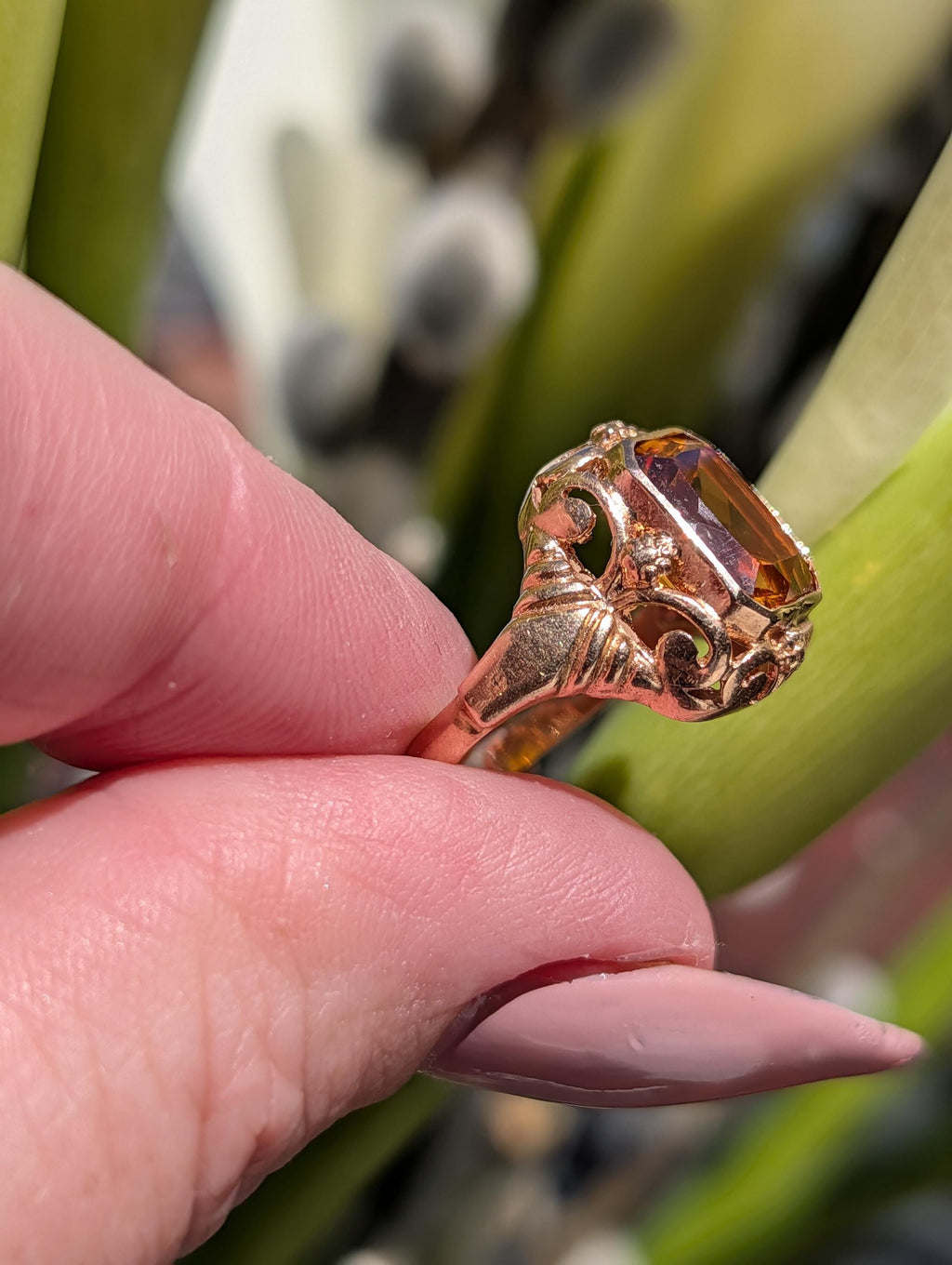 Mid Century Art Deco Style  Citrine Solid 14k Hallmarked Yellow Gold Statement Solitaire Emerald Cut Ring, Unisex Yellow Stone Ring Gift