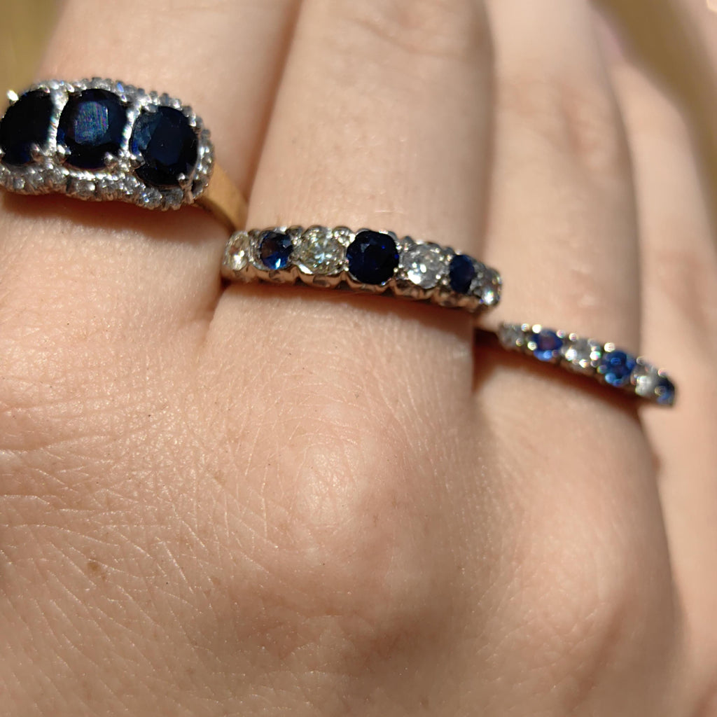 Vintage Sapphire Diamond Band: 18k White Gold Engagement Ring, 1940s