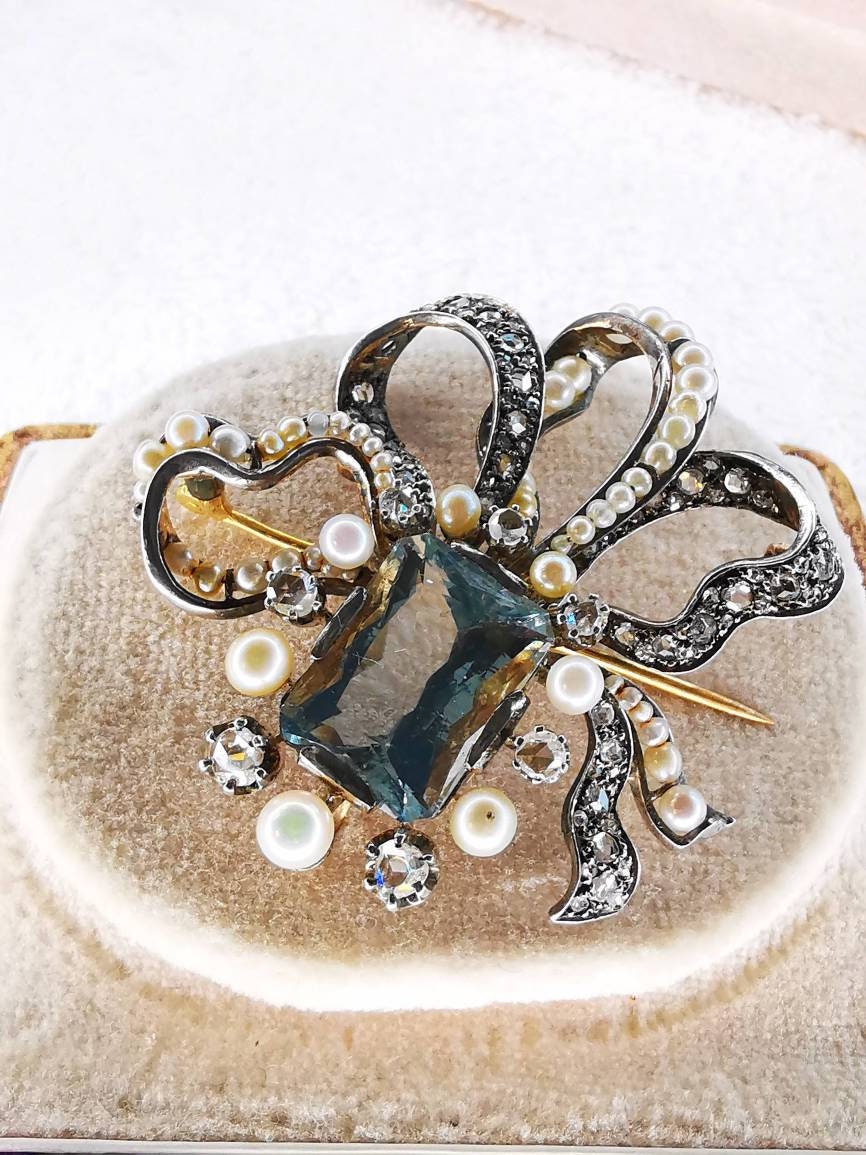 Victorian Blue Aquamarine Statement Brooch Elegant Pendant 14k Solid Gold Diamond & Pearl Bow Necklace Gift