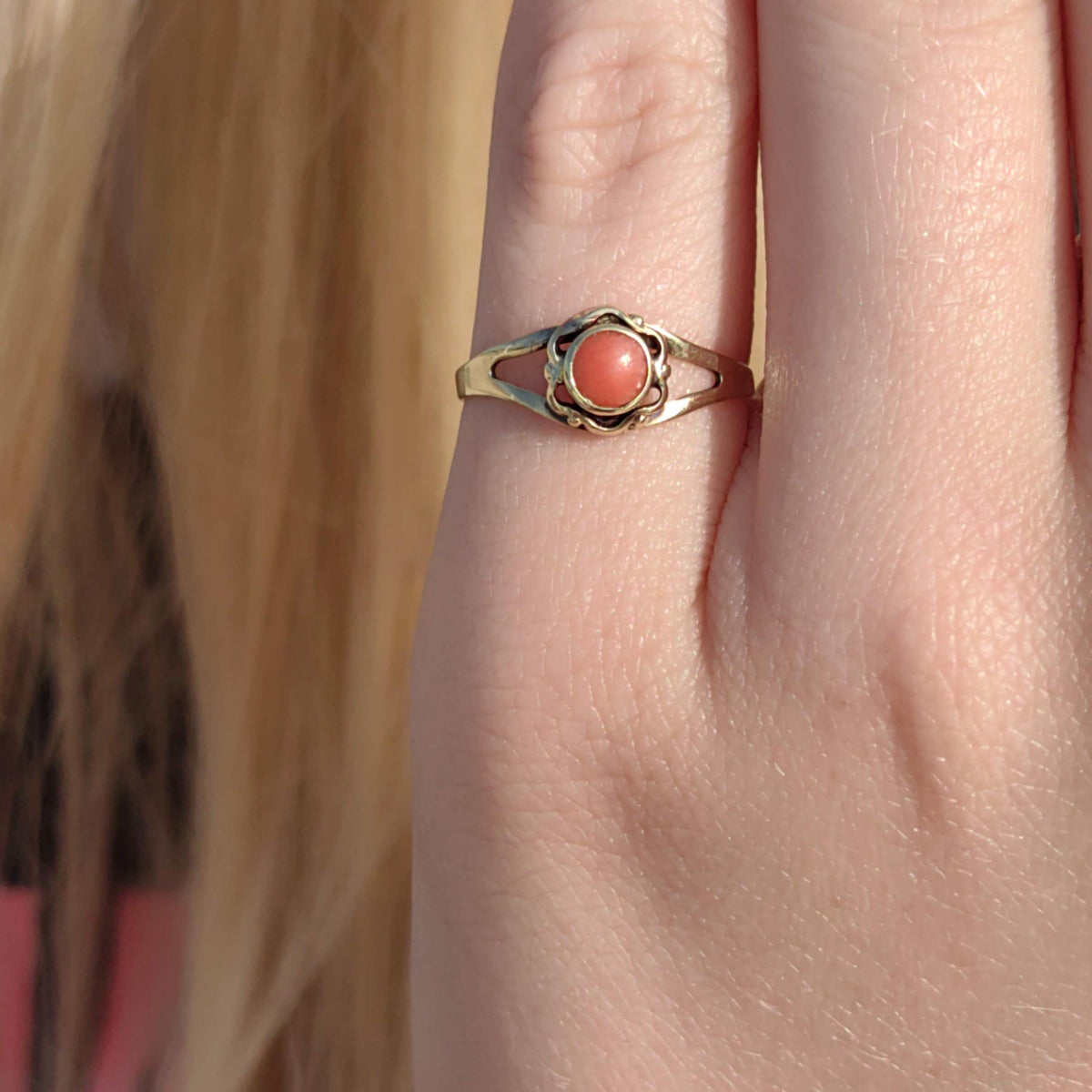 1920s Art Deco 14k Gold Mediterranean Red Coral Ring, Antique Vintage Round Coral Ring, Size 5 3/4 US, 51 EU, Free Resizing