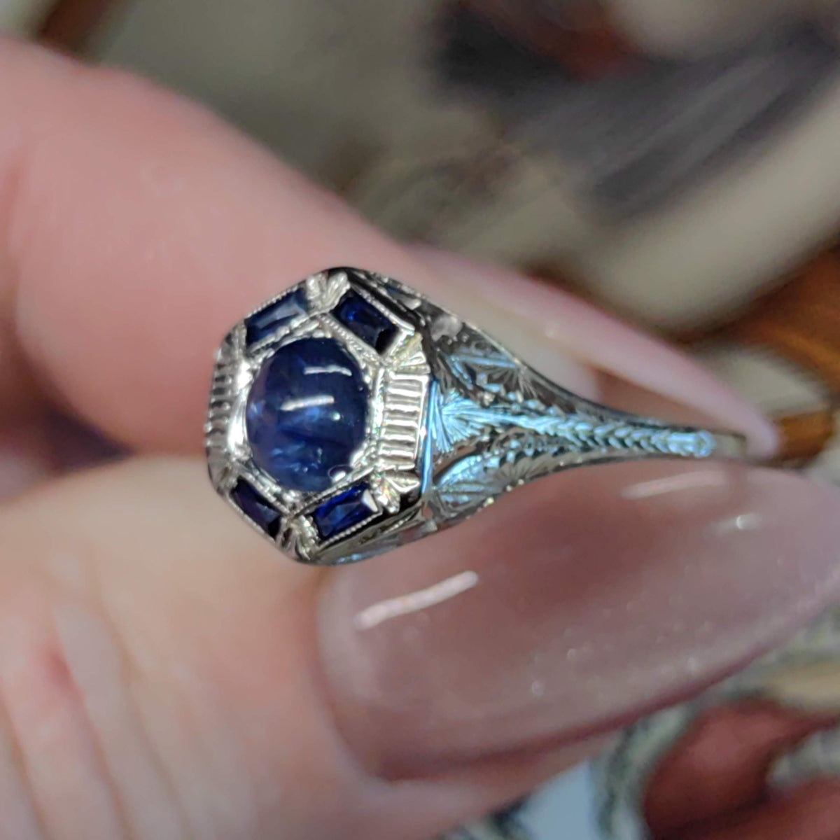 Vintage Art Deco 1920s Edwardian 14k Solid White Gold Natural Blue Star Sapphire Hand Chiselled Elegant Ring Gift for Her Present