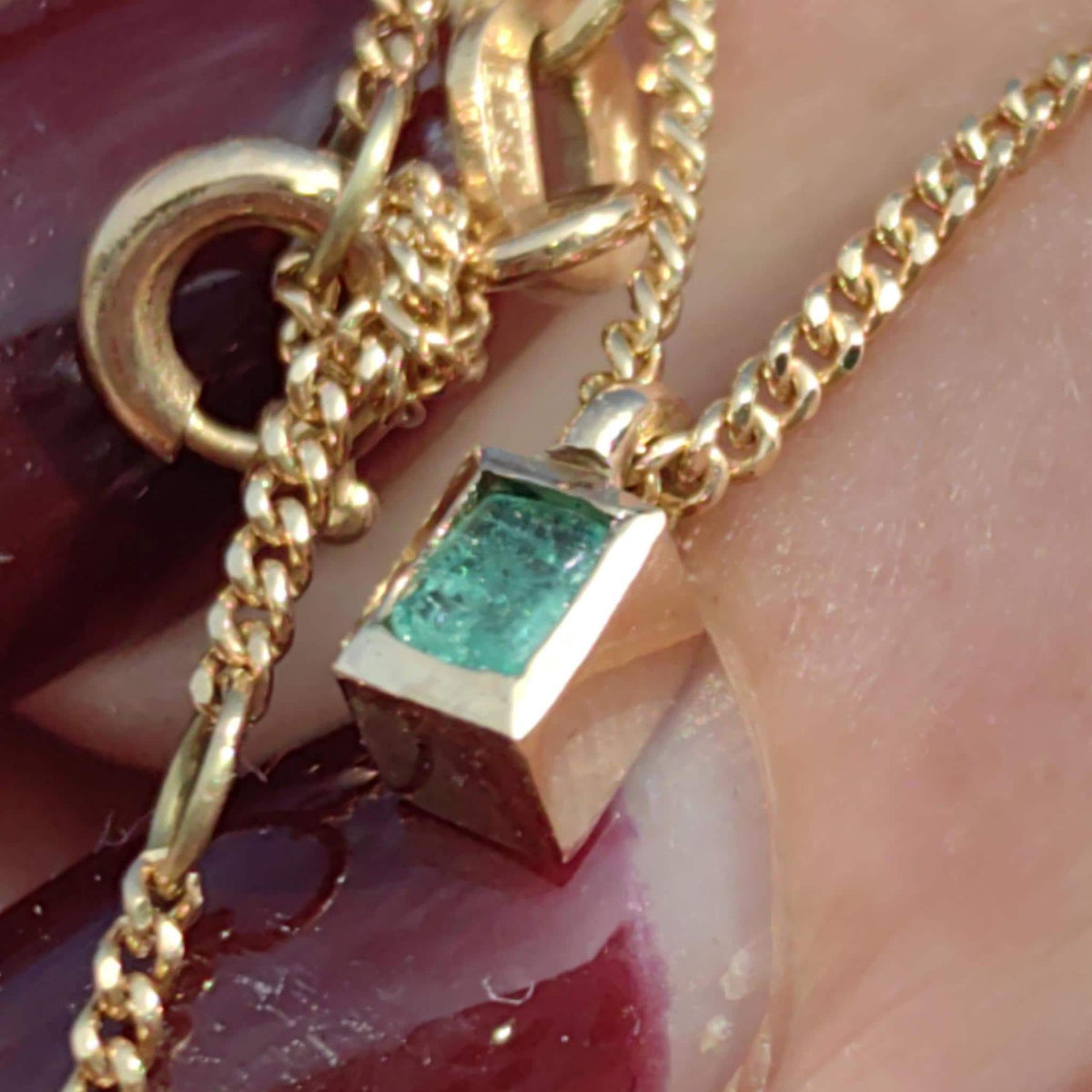 Emerald Gold Baguette Cut Solid Hallmarked Yellow Gold Long Pendant Necklace Antique Vintage 1980s Necklace Gift for her