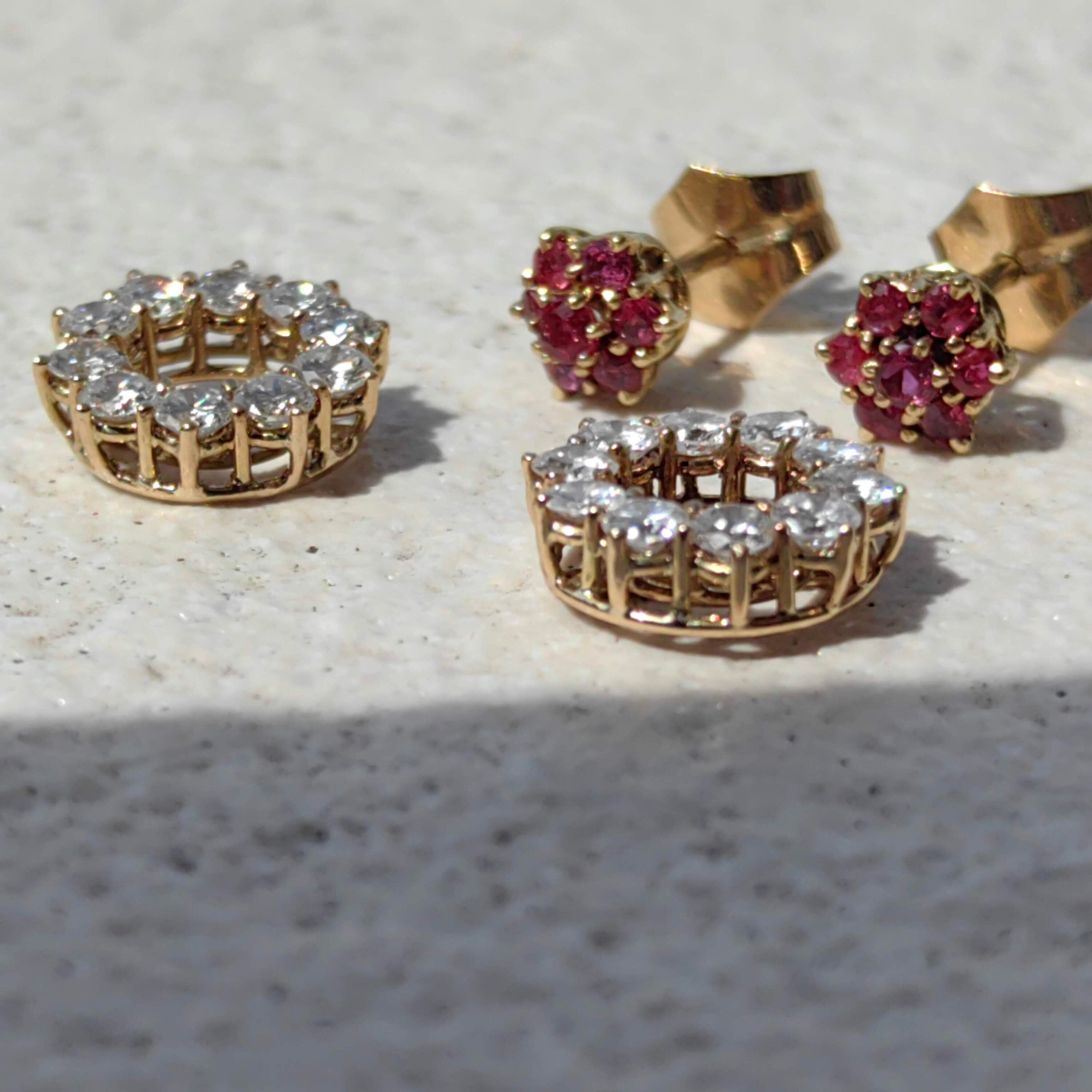 Vintage 18K Gold Floral Earrings: Ruby and Diamond Studs
