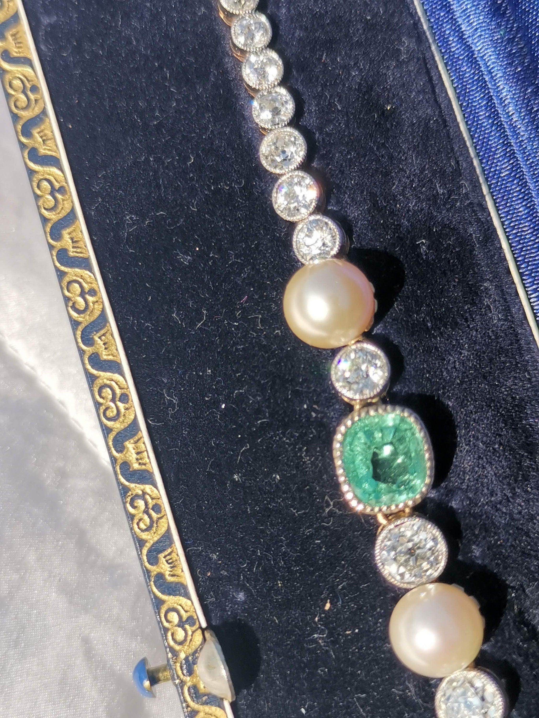 Victorian 18k Gold Bracelet: Antique Diamond, Emerald & Pearl Art Nouveau Jewelry
