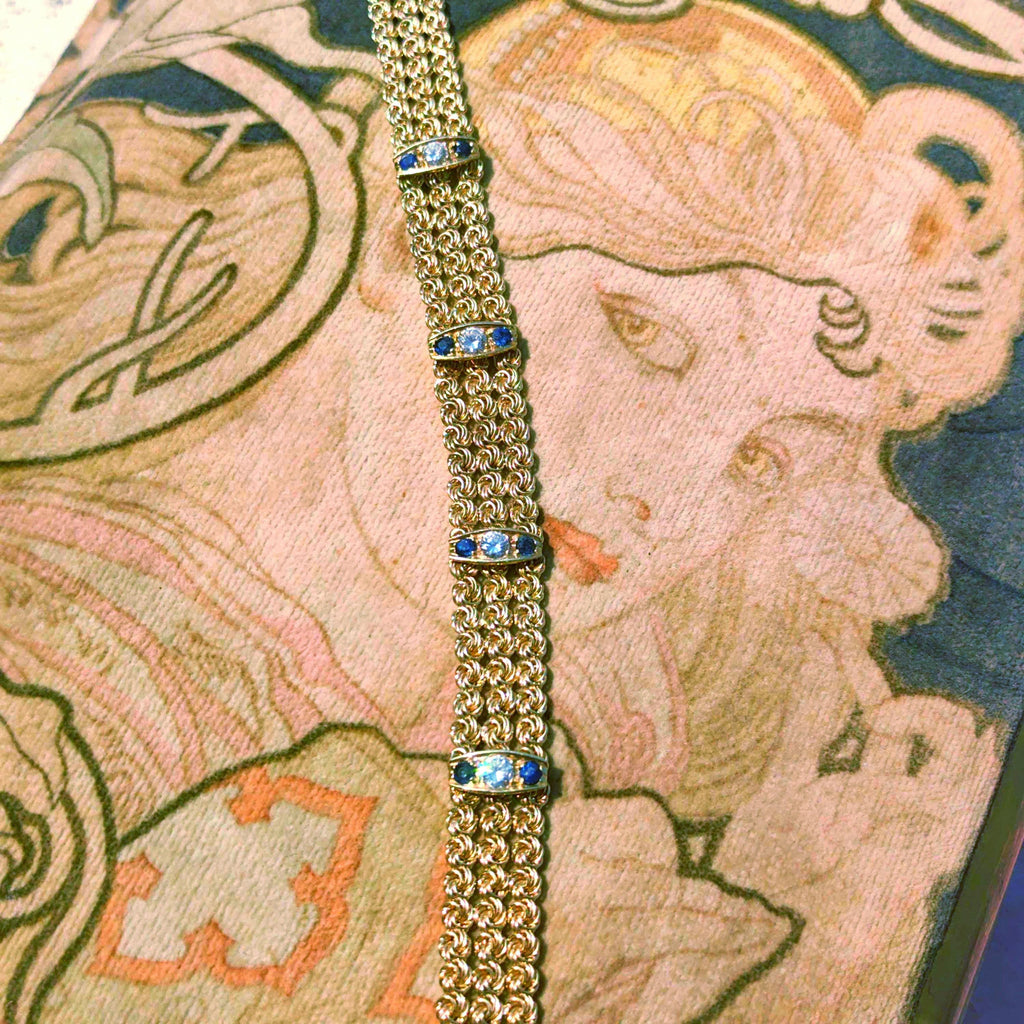 Art Deco Sapphire Diamond Bracelet: 14k Yellow Gold Chain, 1940s Vintage