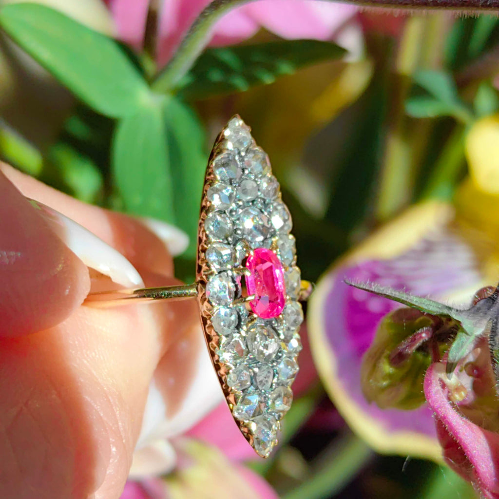 Vintage Art Deco Ruby and Rose Cut Diamond 18k Gold Ring