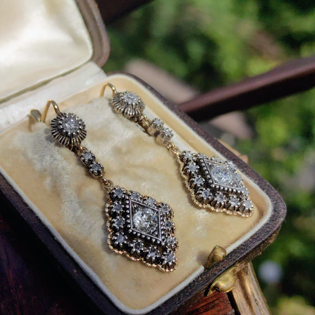 Antique 1.4ct Diamond Dangle Earrings: 1930s Art Deco 18k Gold & Silver