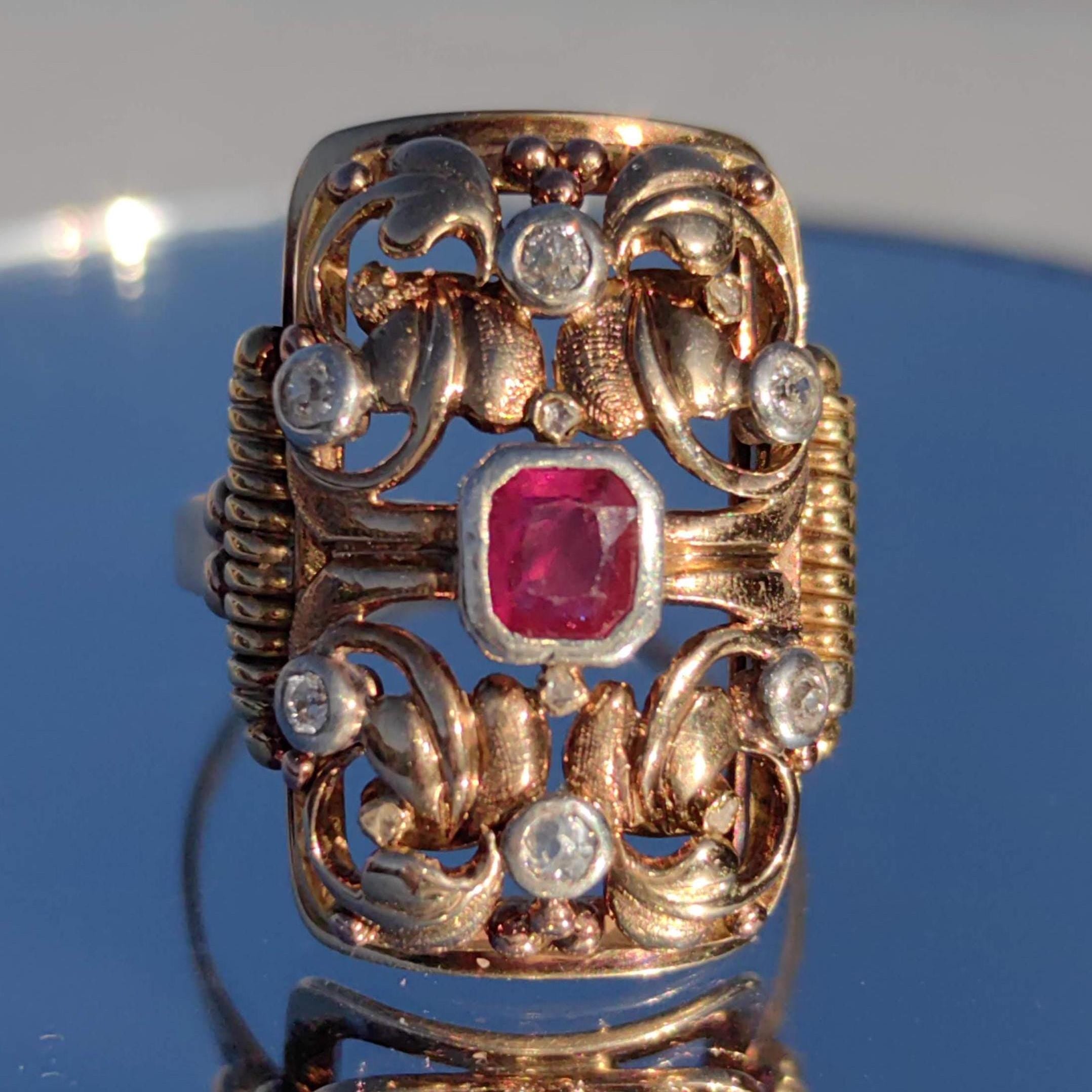 Vintage Art Deco 1920s Natural Red Ruby Diamond Ring Antique 14k Solid Yellow Gold Statement Ring Gift for Her