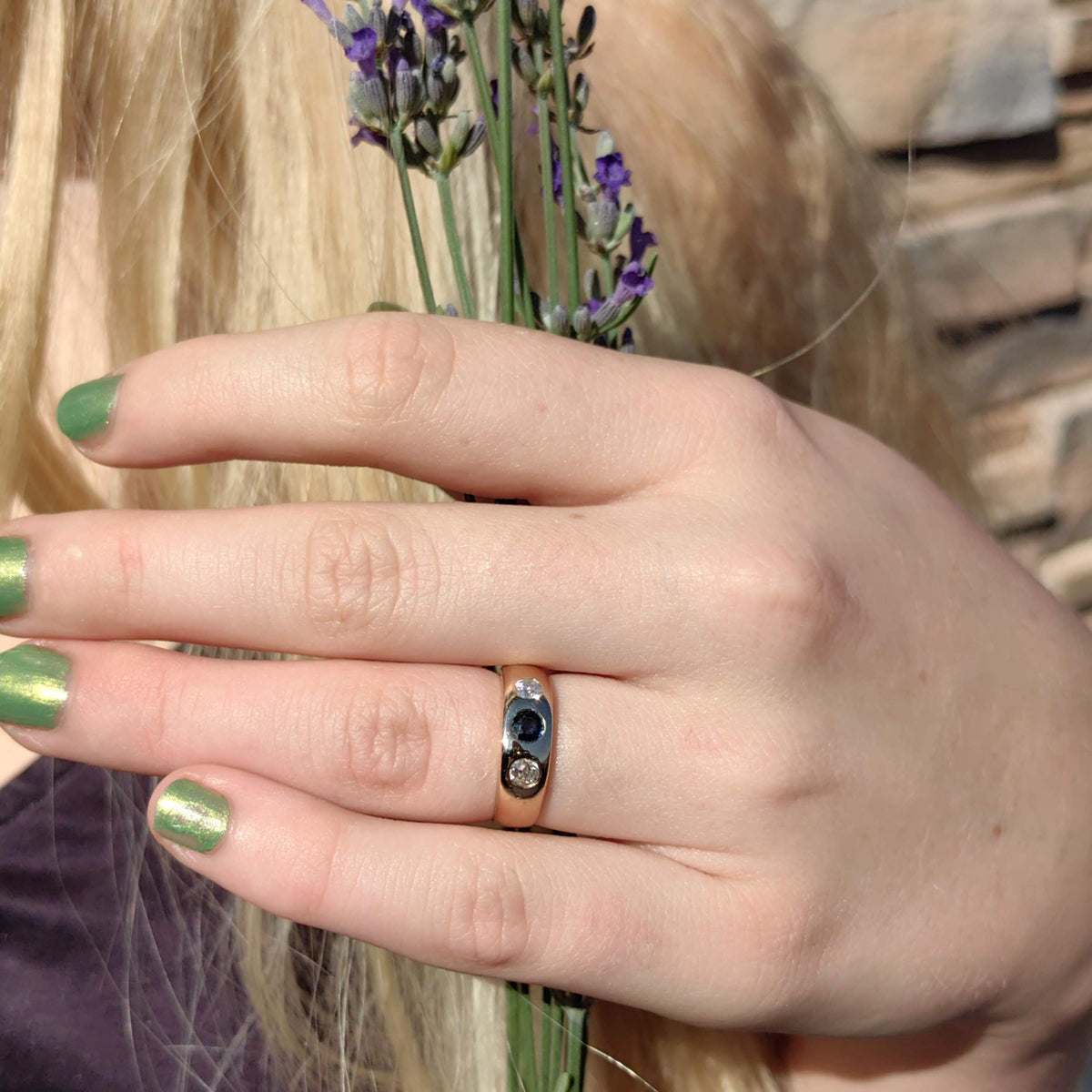 Victorian Sapphire Diamond Ring: 14k Yellow Gold Antique Gipsy Band