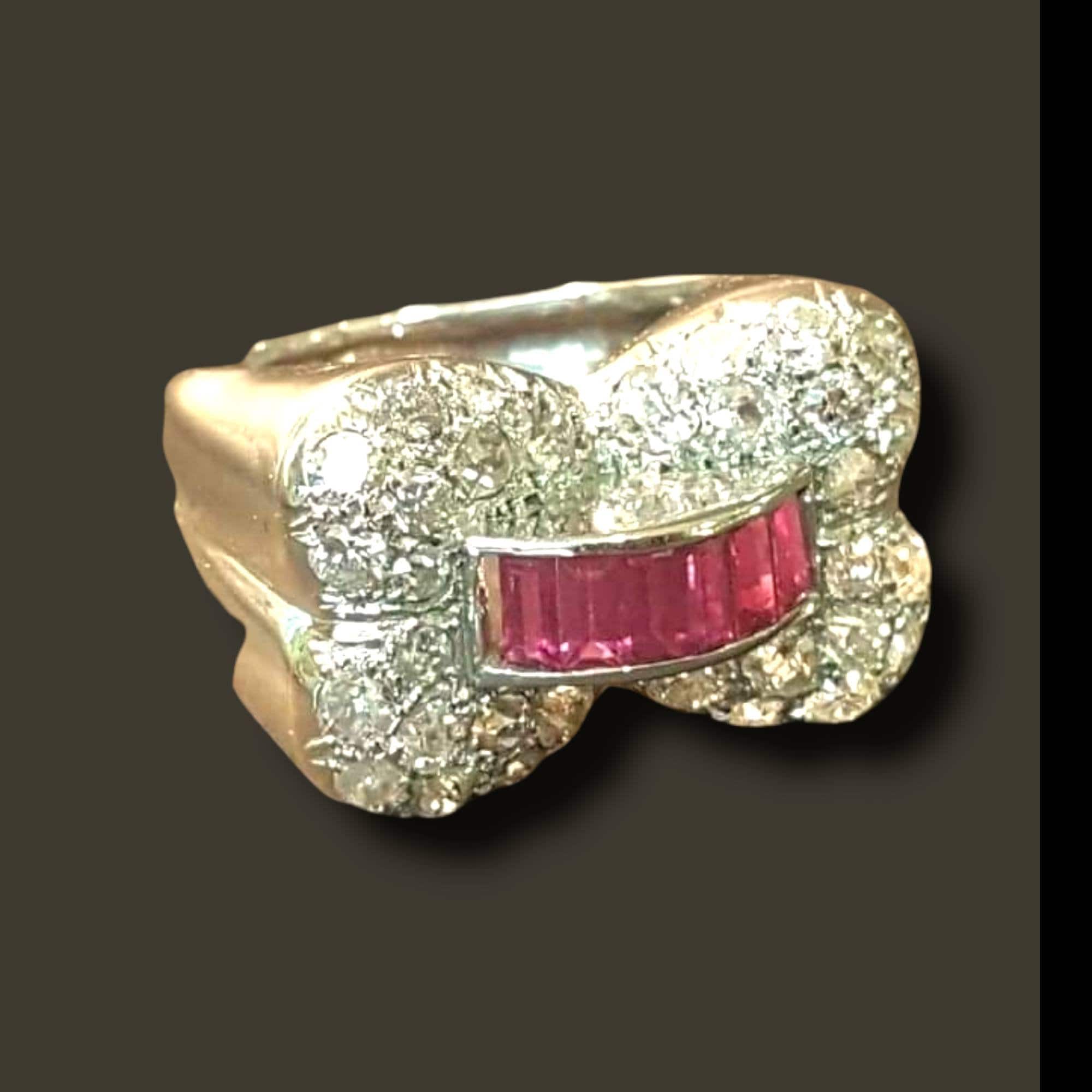Art Deco Platinum Ruby Diamond Ring: 1930s Vintage Cocktail Ring