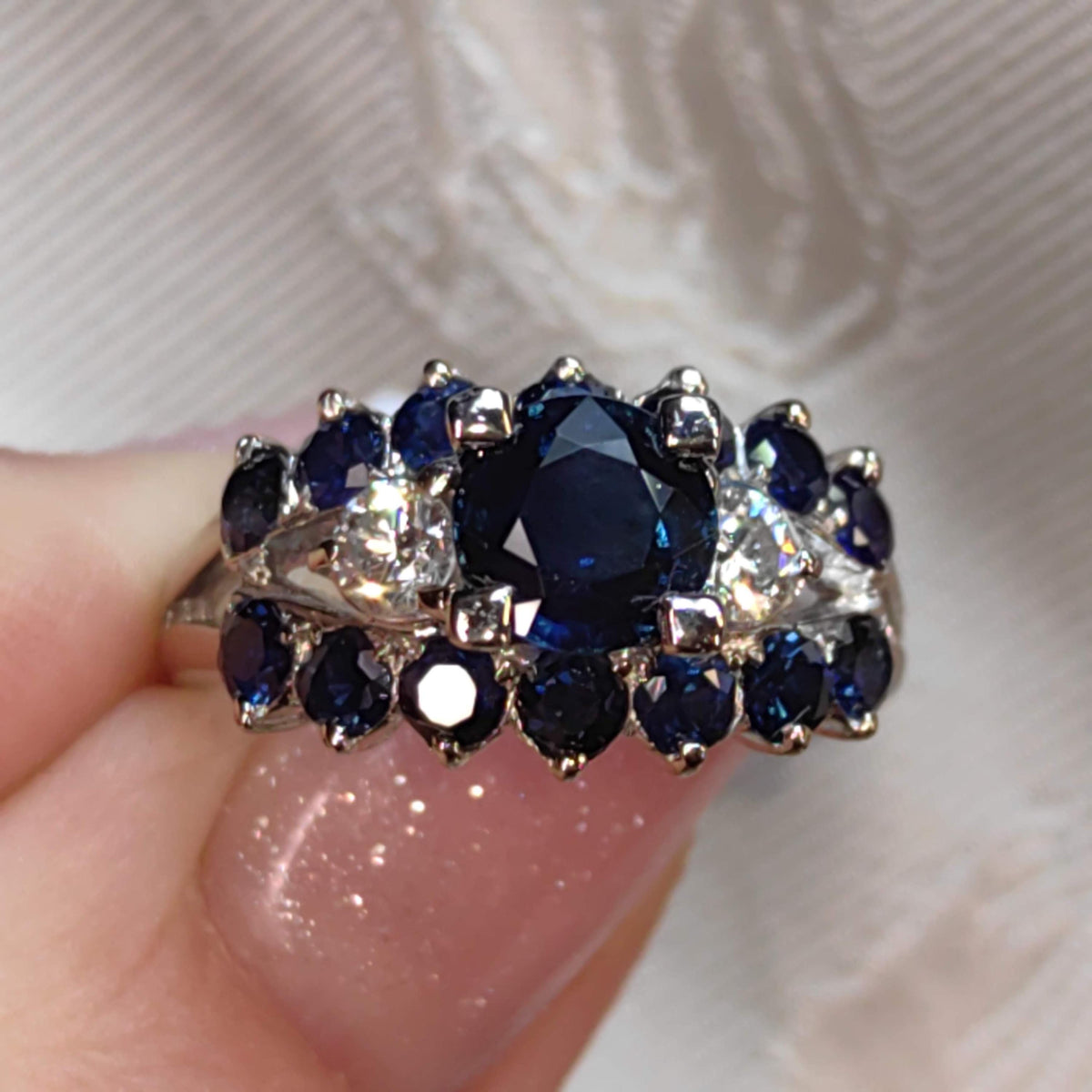 Vintage Mid-Century 18k White Gold Sapphire Diamond Ring