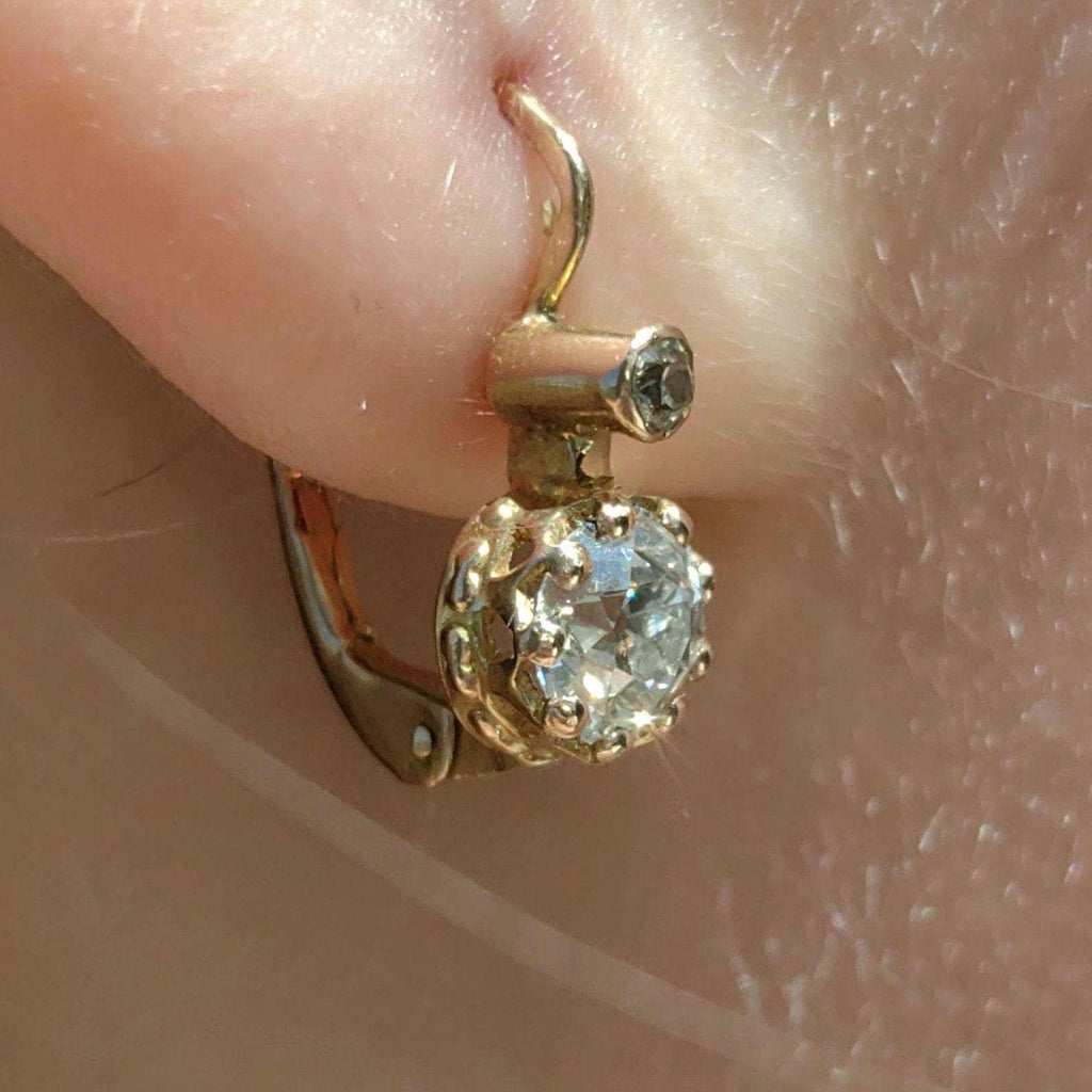 1880s Victorian 14K Champagne Gold Diamond Sleeper Earrings: Antique Dormeuse