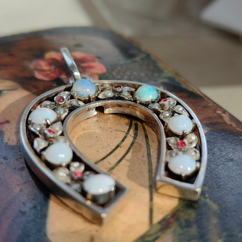 Antique Art Nouveau Silver Horseshoe Pendant: Moonstone, Pearl & Ruby