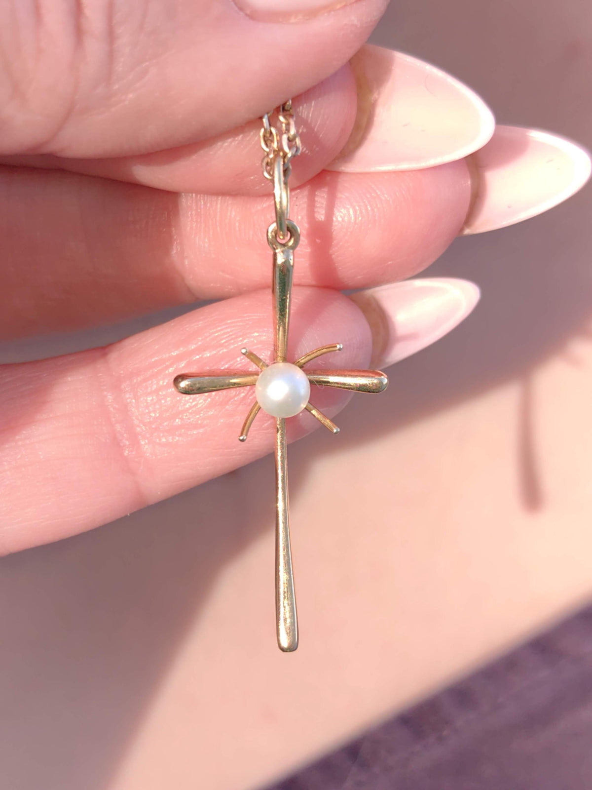 18k Gold Pearl Cross Pendant: Art Deco Christian Jewelry
