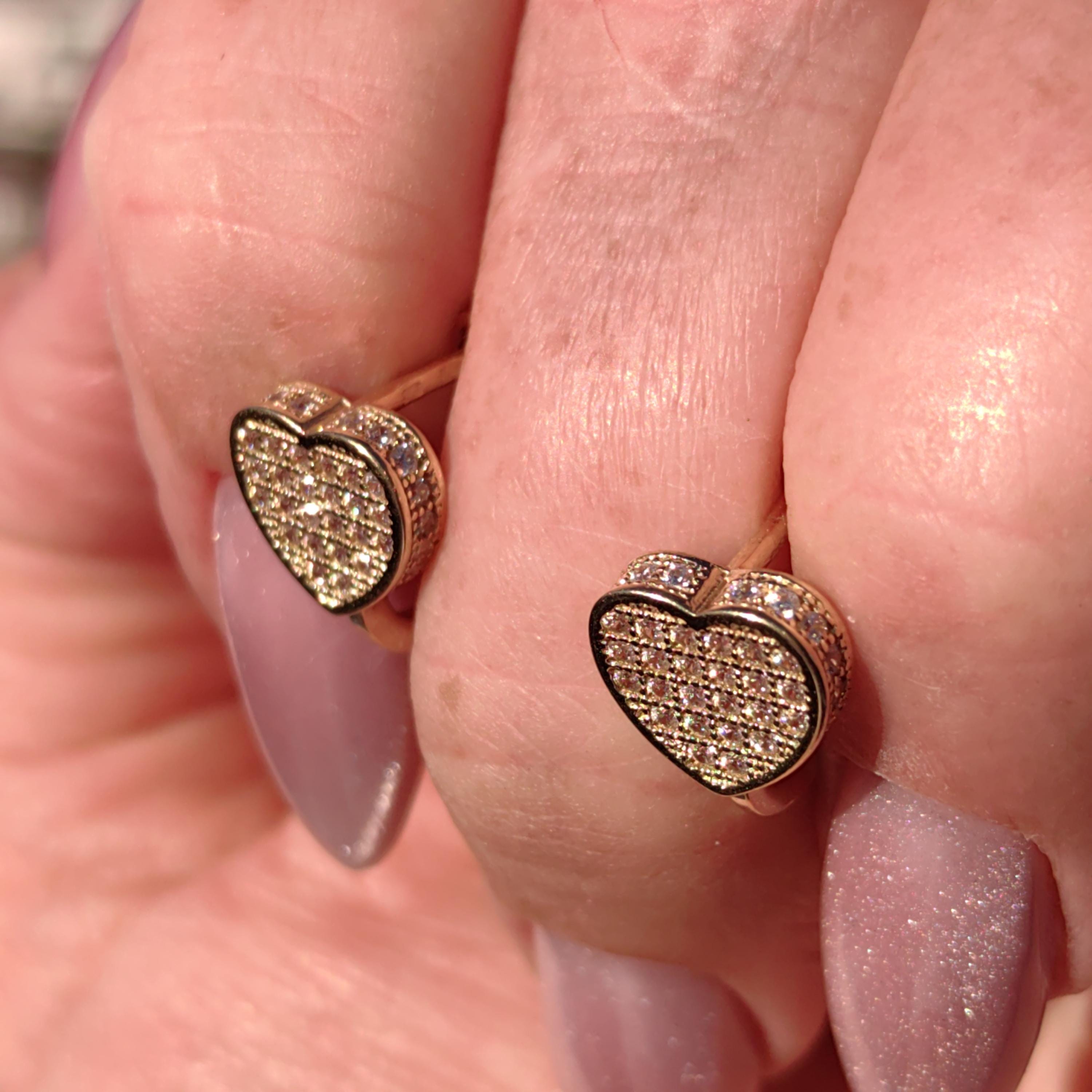 Heart 14k Solid Yellow Gold CZ Pavé Vintage Earrings Love Romantic Gift for her Elegant Dainty Earrings Leverback closure secure hinged back
