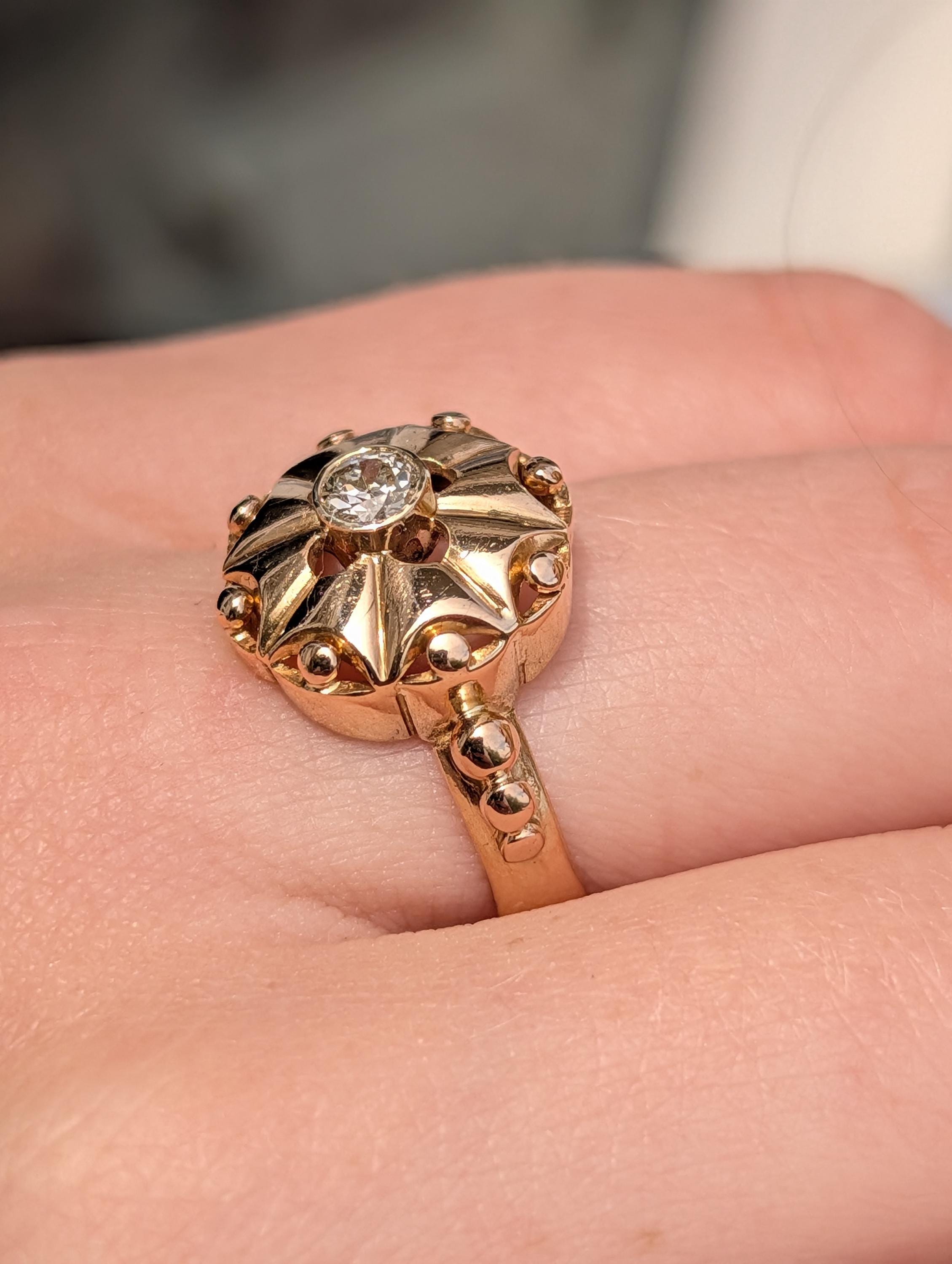 1920s Art Deco Diamond Ring 14k Yellow Gold, Old European Cut Diamond Statement Ring, Antique Floral Ring US 8.75