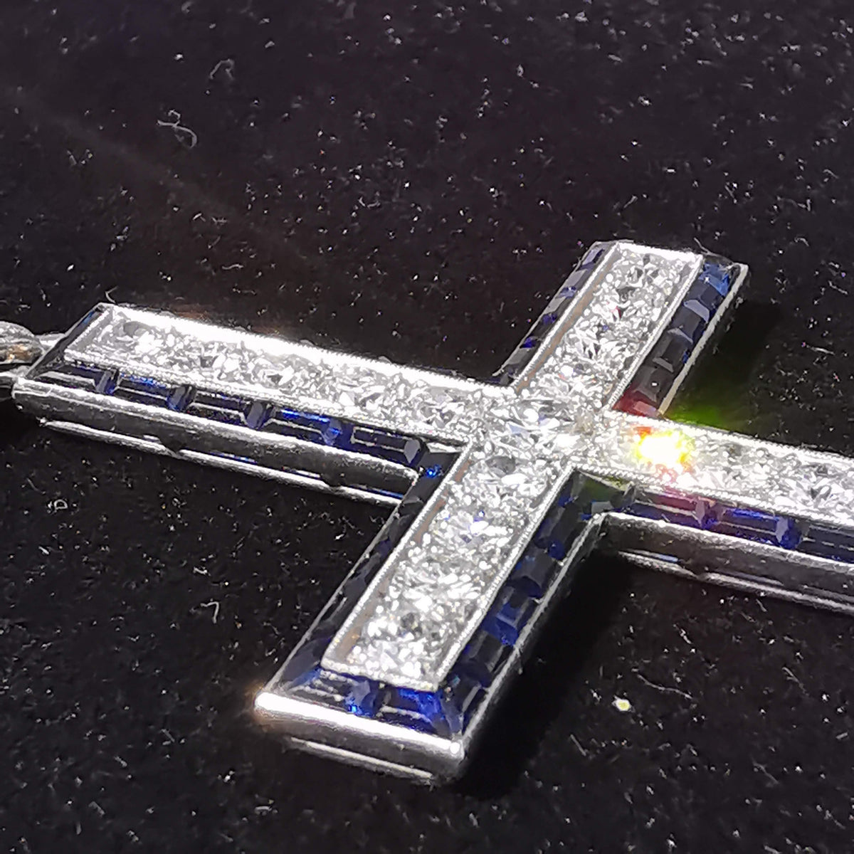 1920s Art Deco Platinum Cross Pendant: Diamond & Sapphire Antique