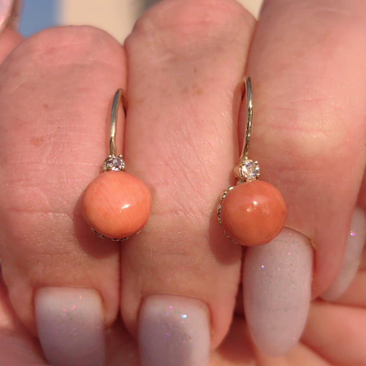Vintage 14k Gold Coral & Diamond Earrings: Mid Century Mediterranean Design