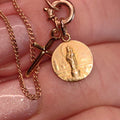 1900s Art Nouveau 14k Solid Yellow Rose Champagne Gold Chain Bracelet Madonna Virgin Mary Cross Christian Catholic Antique Vintage Charm