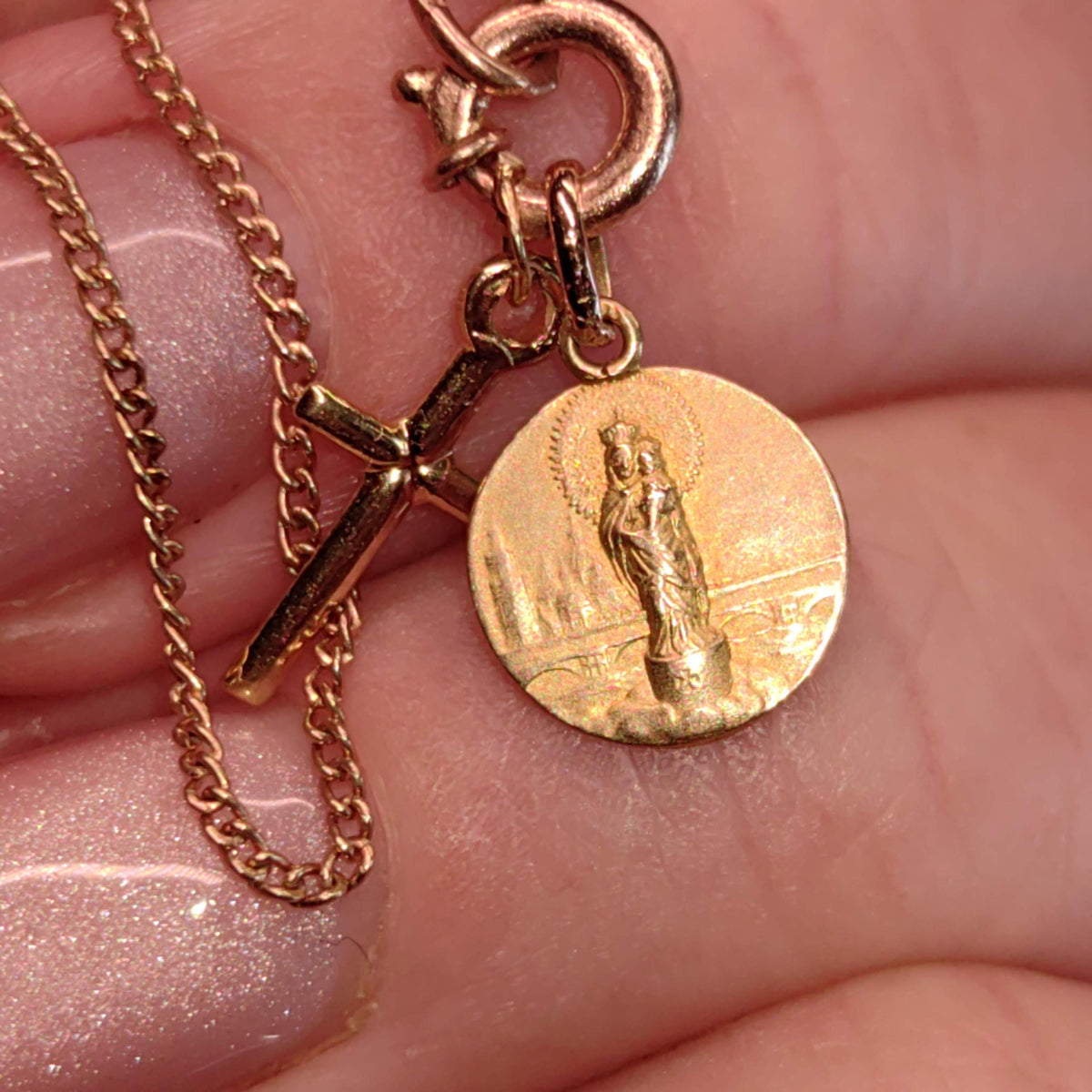 1900s Art Nouveau 14k Solid Yellow Rose Champagne Gold Chain Bracelet Madonna Virgin Mary Cross Christian Catholic Antique Vintage Charm