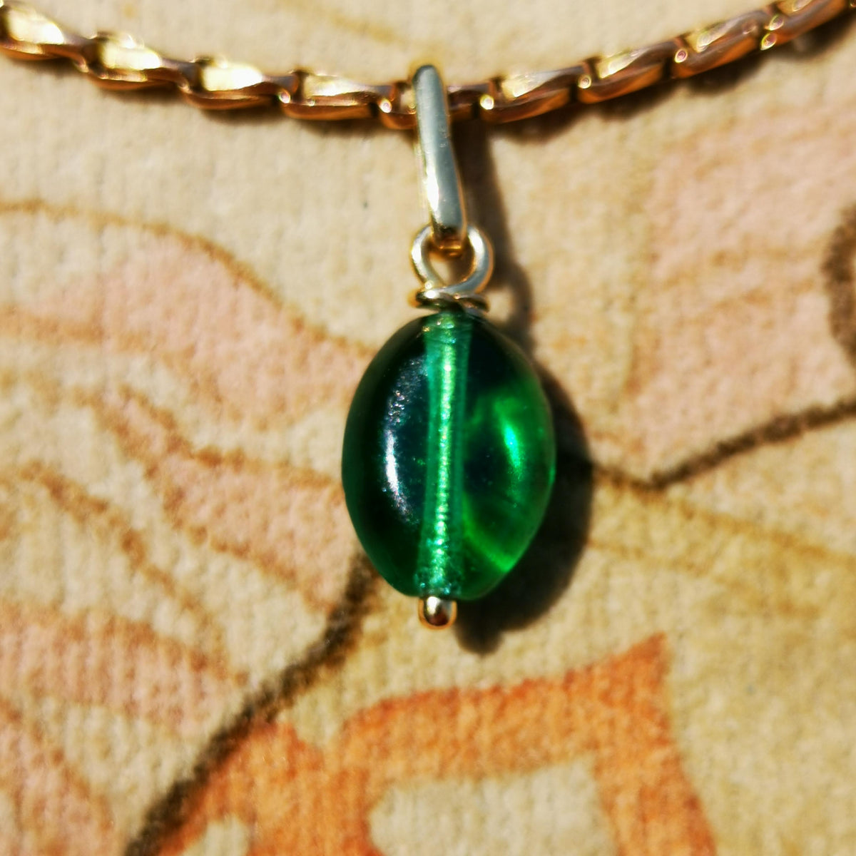 14K Solid Yellow Gold Vintage Antique Art Deco 1930s Green Paste Stone Necklace Pendant Bracelet Charm Gift for her Present Emerald