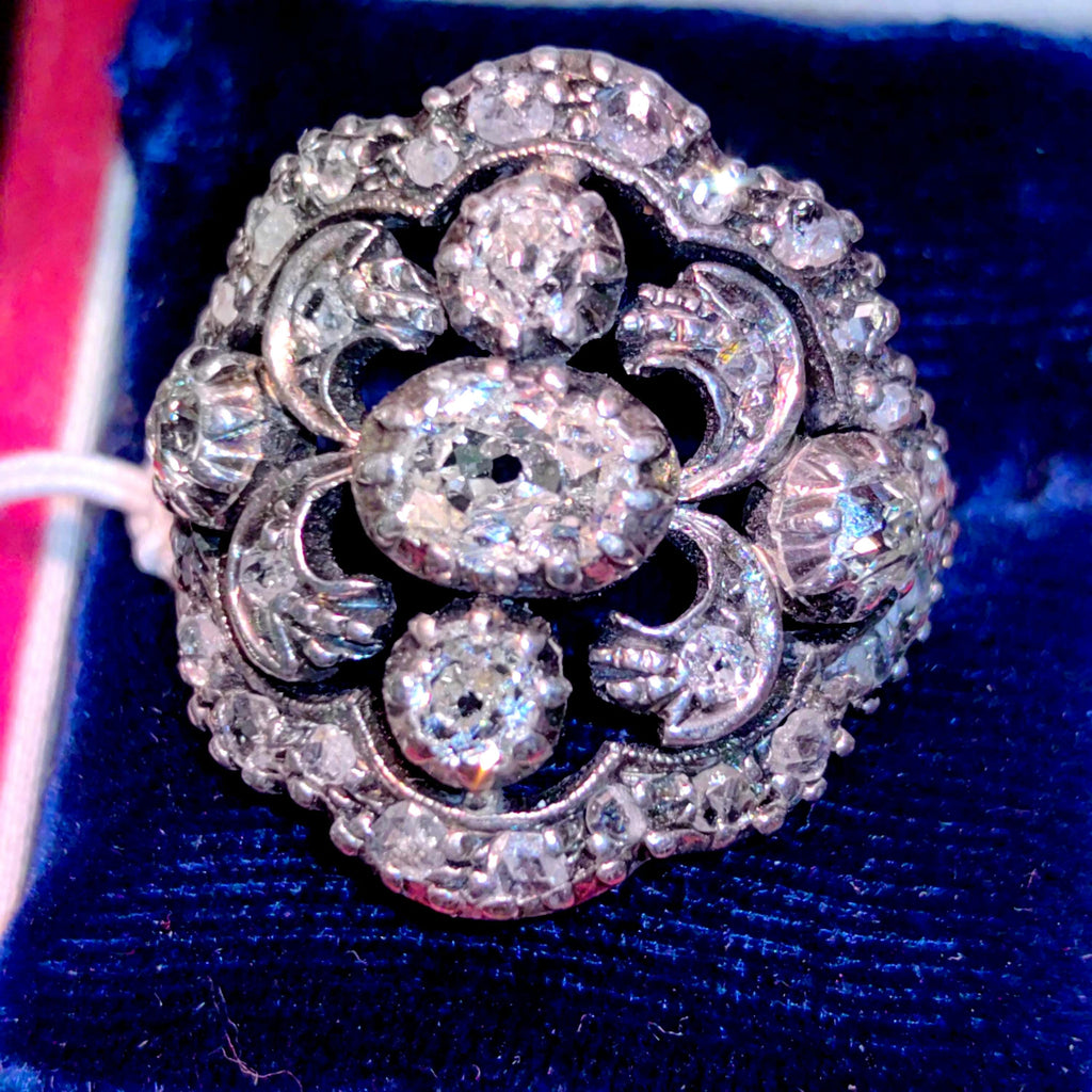 Vintage Art Deco Diamond Cocktail Ring: 18k Yellow Gold Flower Halo, Size 9.5