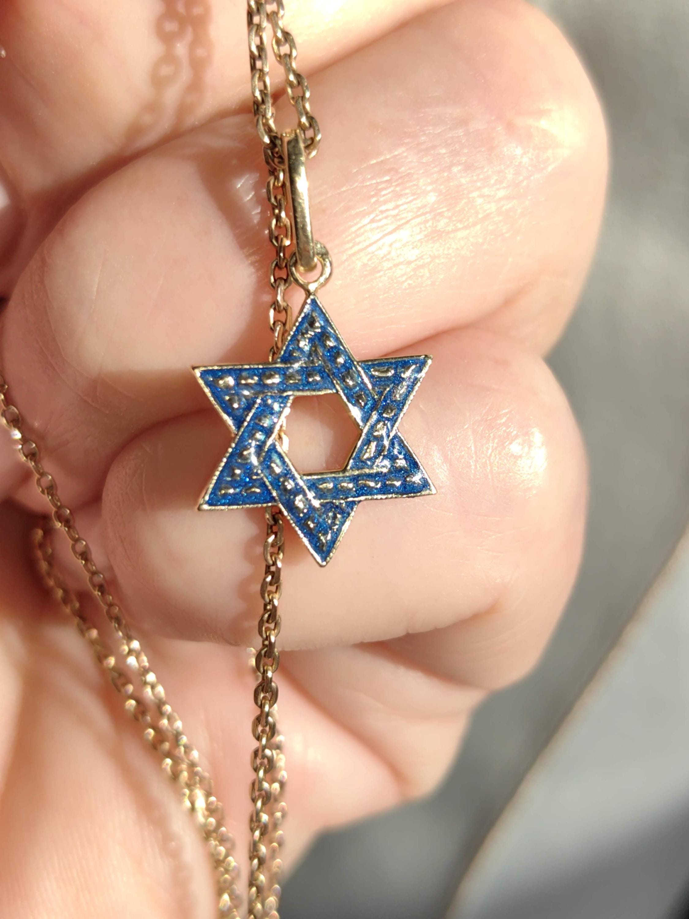 Vintage 14k Gold Star of David Pendant: Blue Enamel Judaica Charm