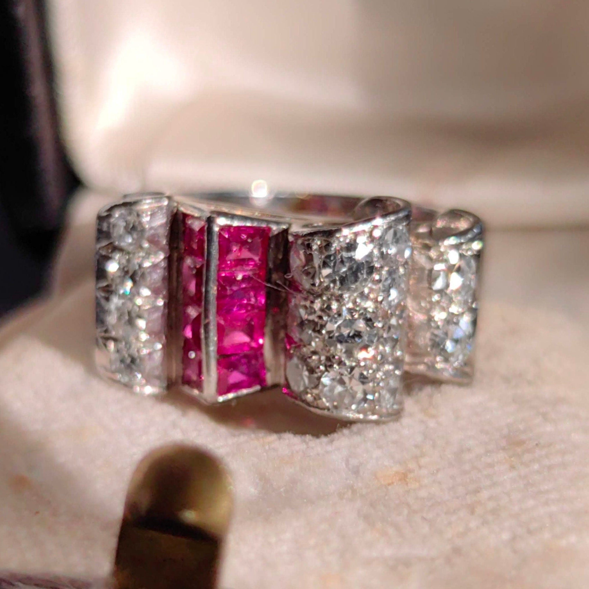 1930s Art Deco Platinum Ring: Ruby Diamond Chevalier Statement Ring