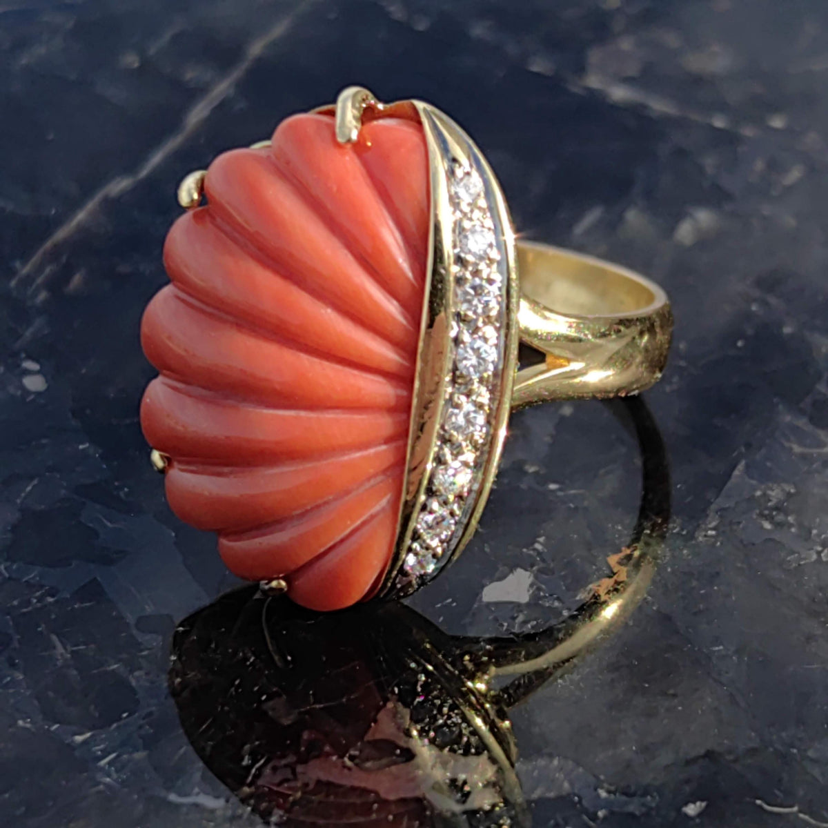 Hand Carved Shell Shaped Red Mediterranean Coral Diamond 18k Solid Yellow Gold Vintage Large  Statement Ring Gift Present