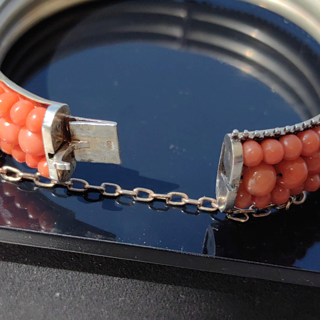 Victorian 800 Silver Coral Bangle Bracelet: Pearl Accent Statement Jewelry