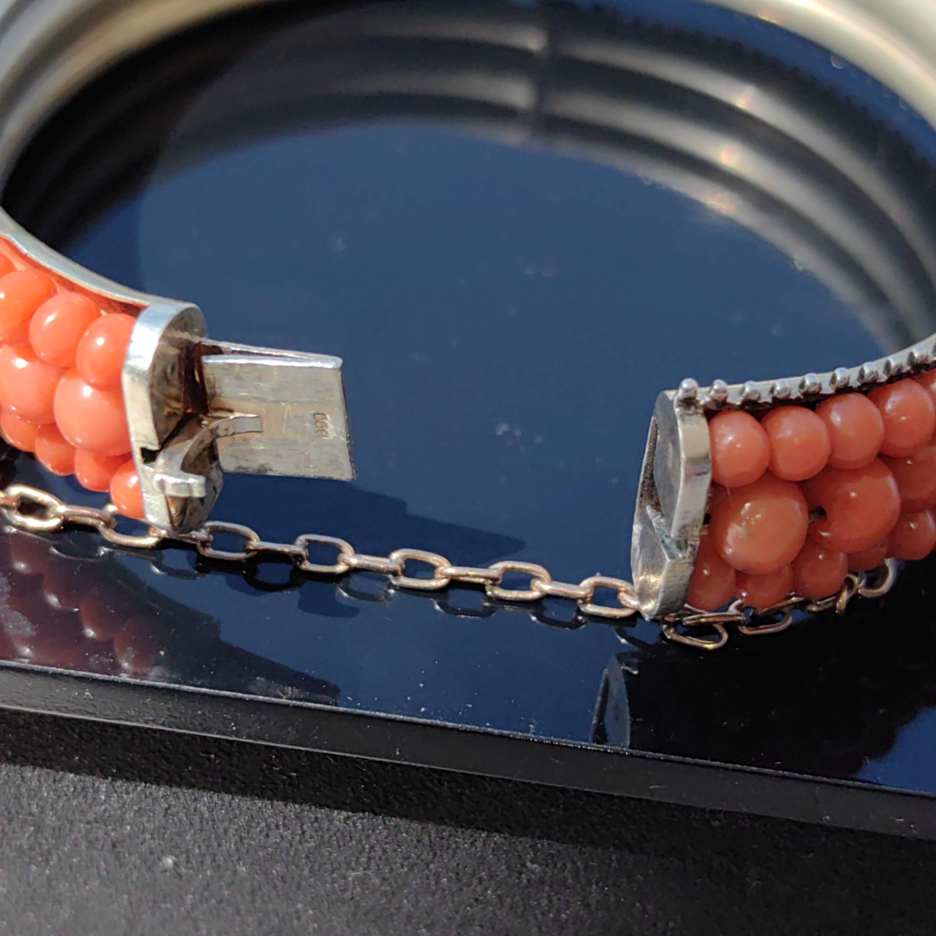 Victorian 800 Silver Coral Bangle Bracelet: Pearl Accent Statement Jewelry