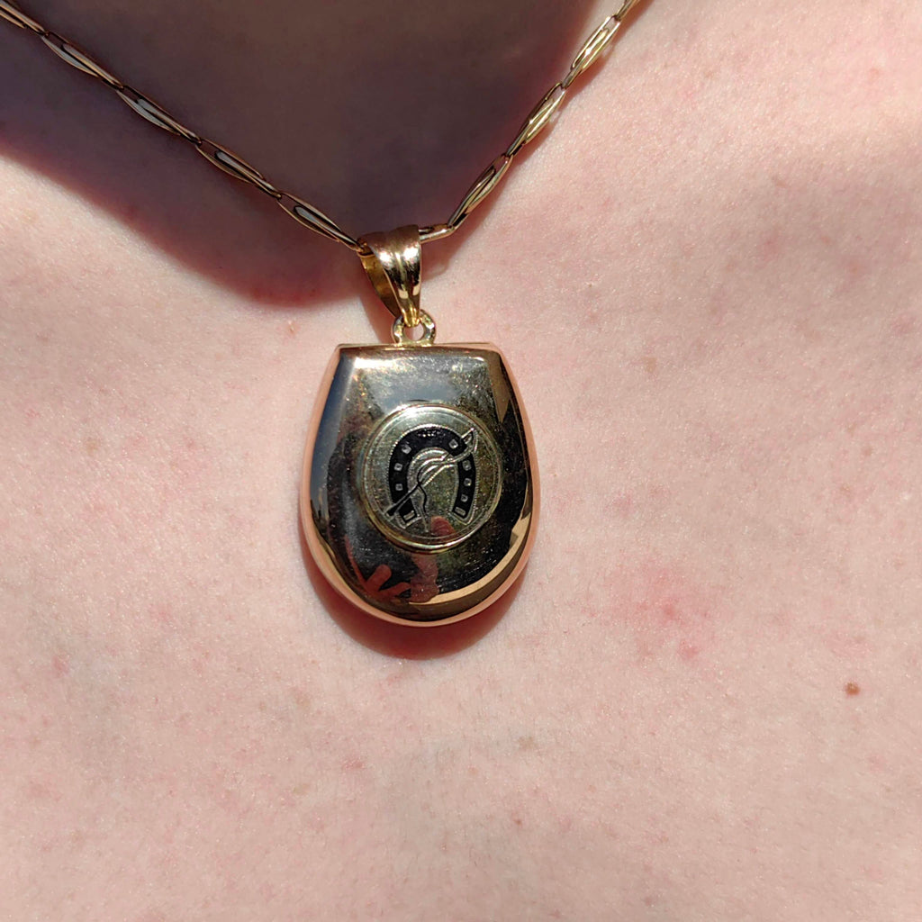 Antique 14k Gold Locket Pendant: Art Nouveau Enamel Horseshoe Design