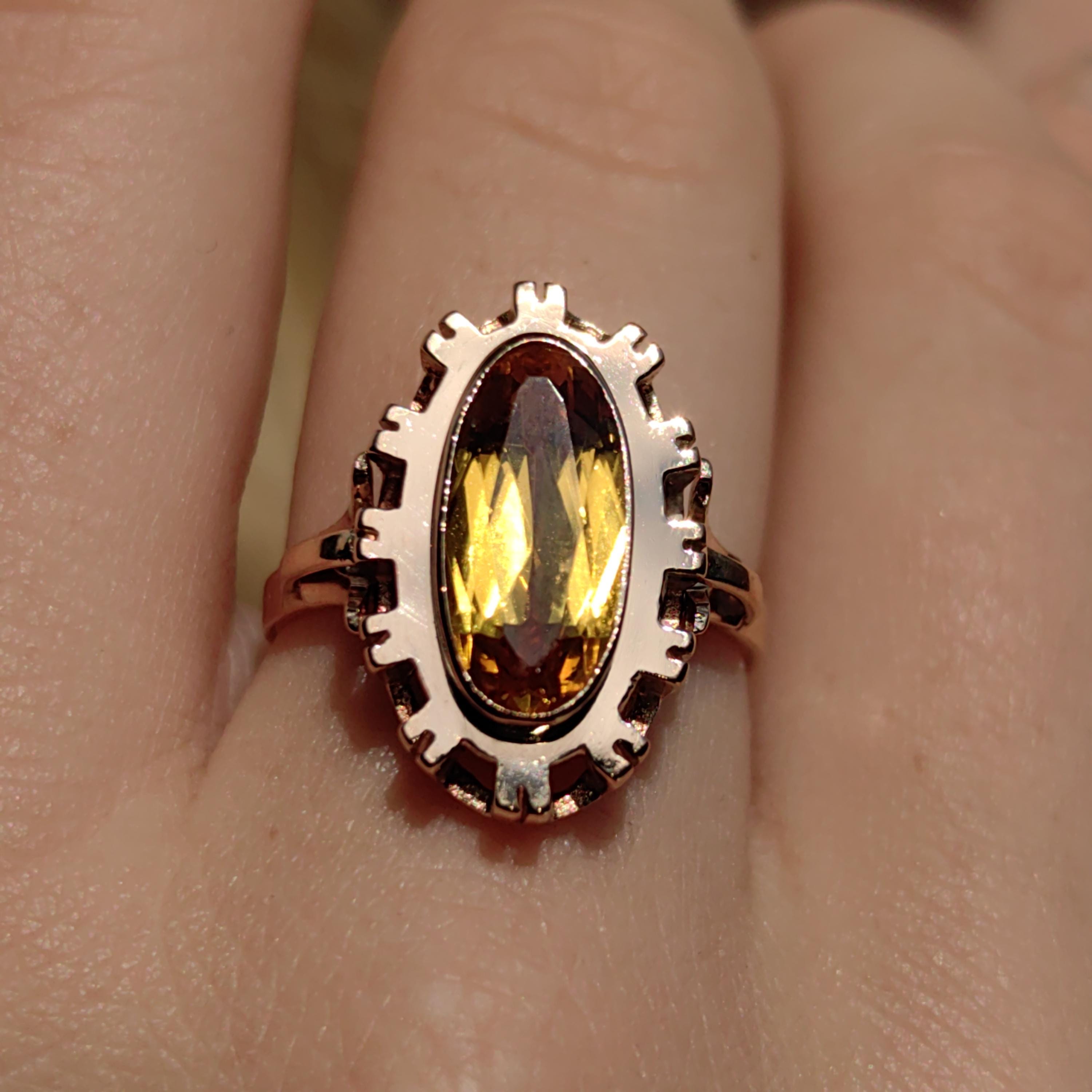 Art Deco Citrine Statement Ring: 14k Yellow & Rose Gold, 1940s Vintage