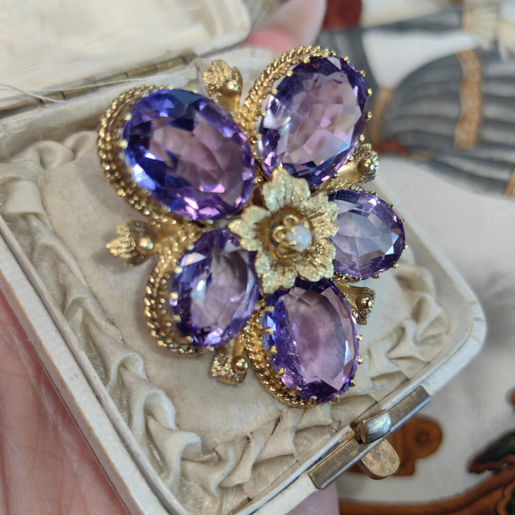 Victorian Amethyst Pearl Floral Pendant Brooch, Gold Plated Silver (1880s)