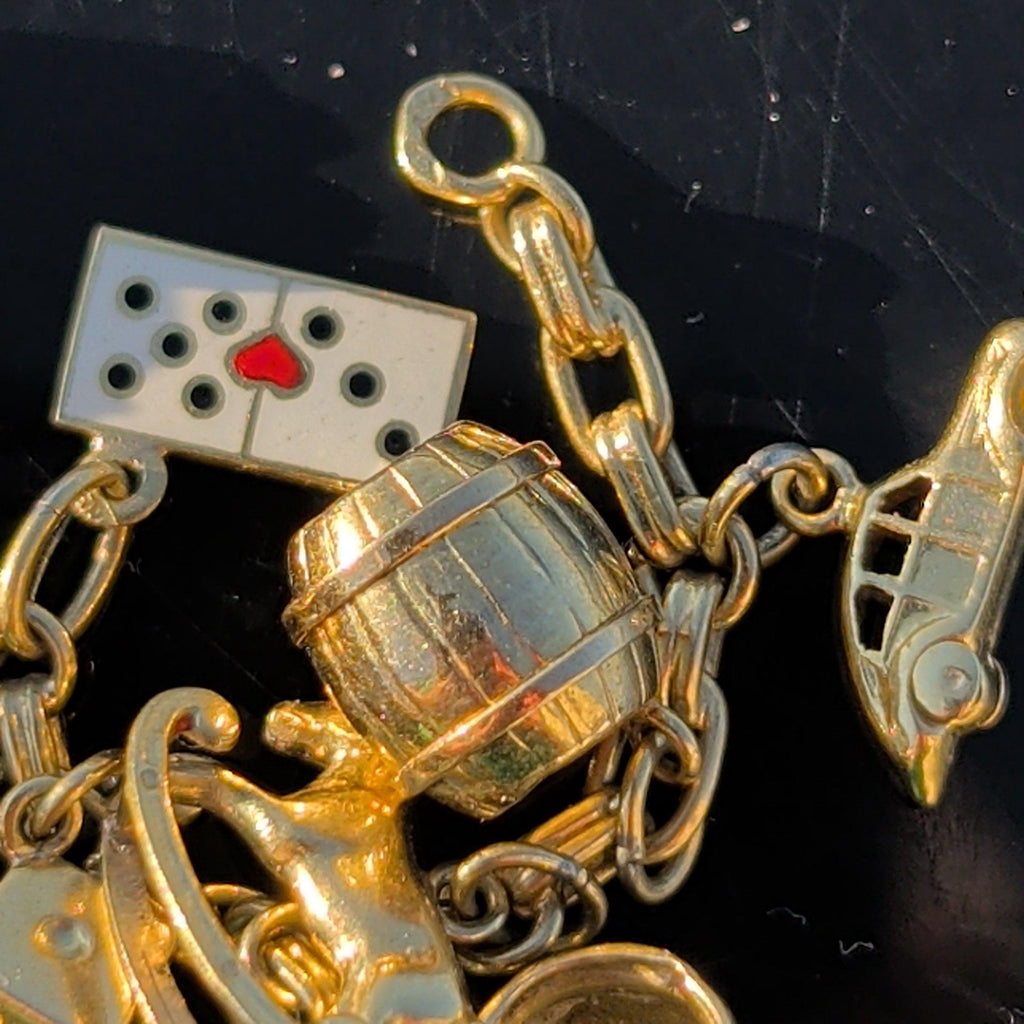 1920s Hallmarked 14k Gold Charm Bracelet, Whimsical Statement Antique Bracelet, 21 cm, 26.8g, Mixed Era Charms, Estate Gift