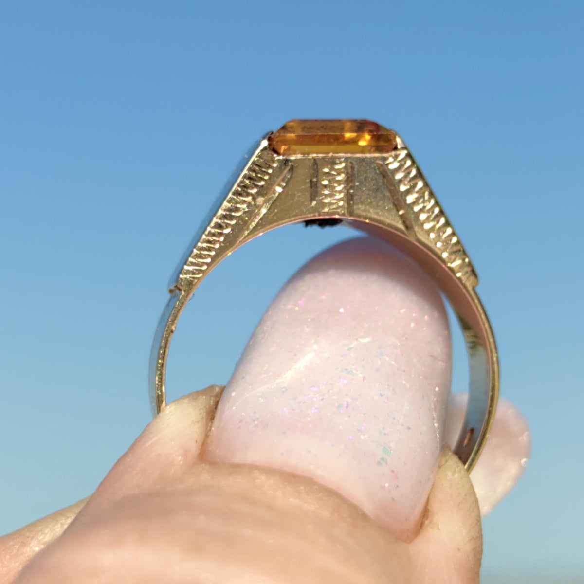 Art Deco Citrine Statement Ring: 14k Yellow & Rose Gold, 1940s Vintage