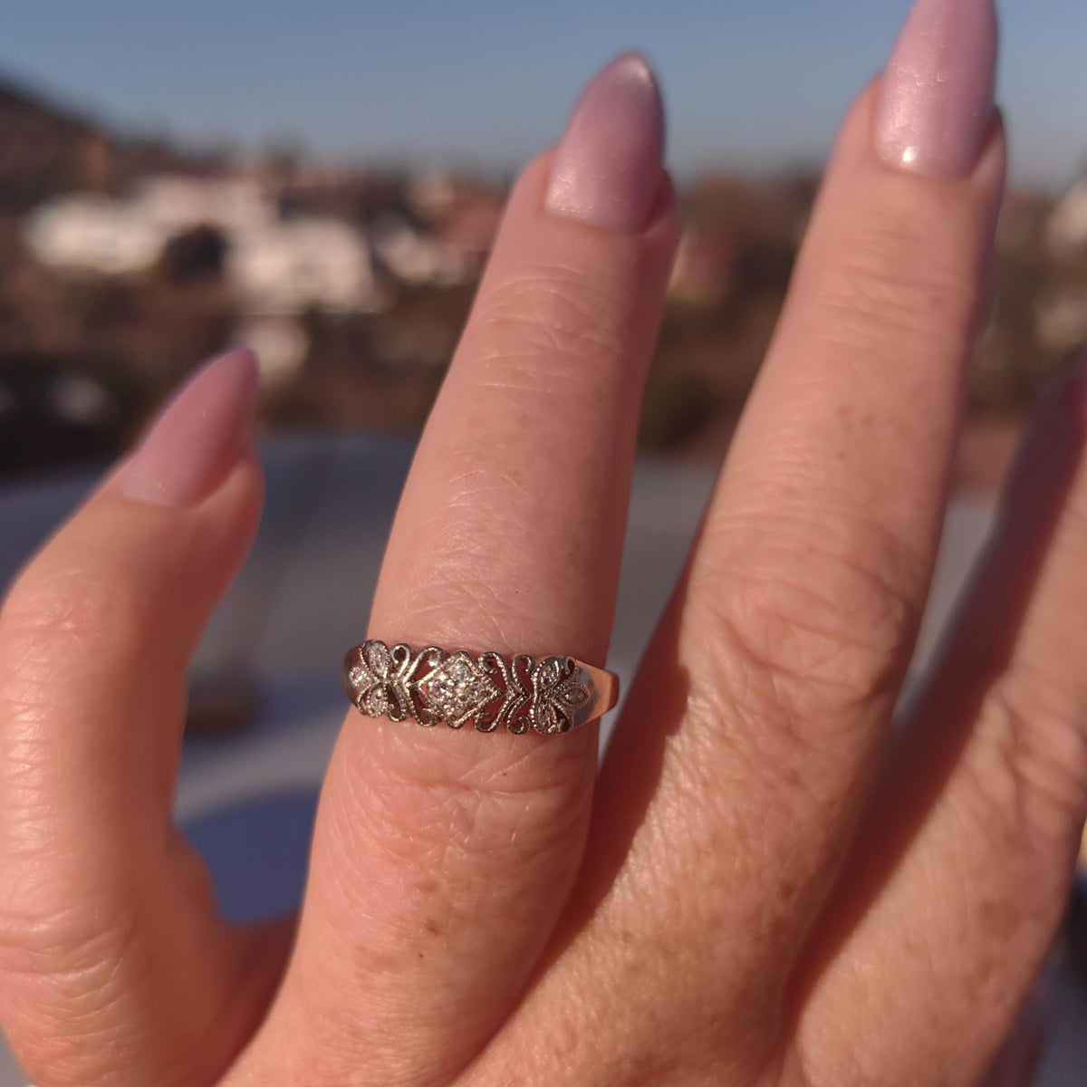 Natural Diamond 14K Solid White Gold Elegant Antique Mid Century Engagement Ring Gift for Her Present