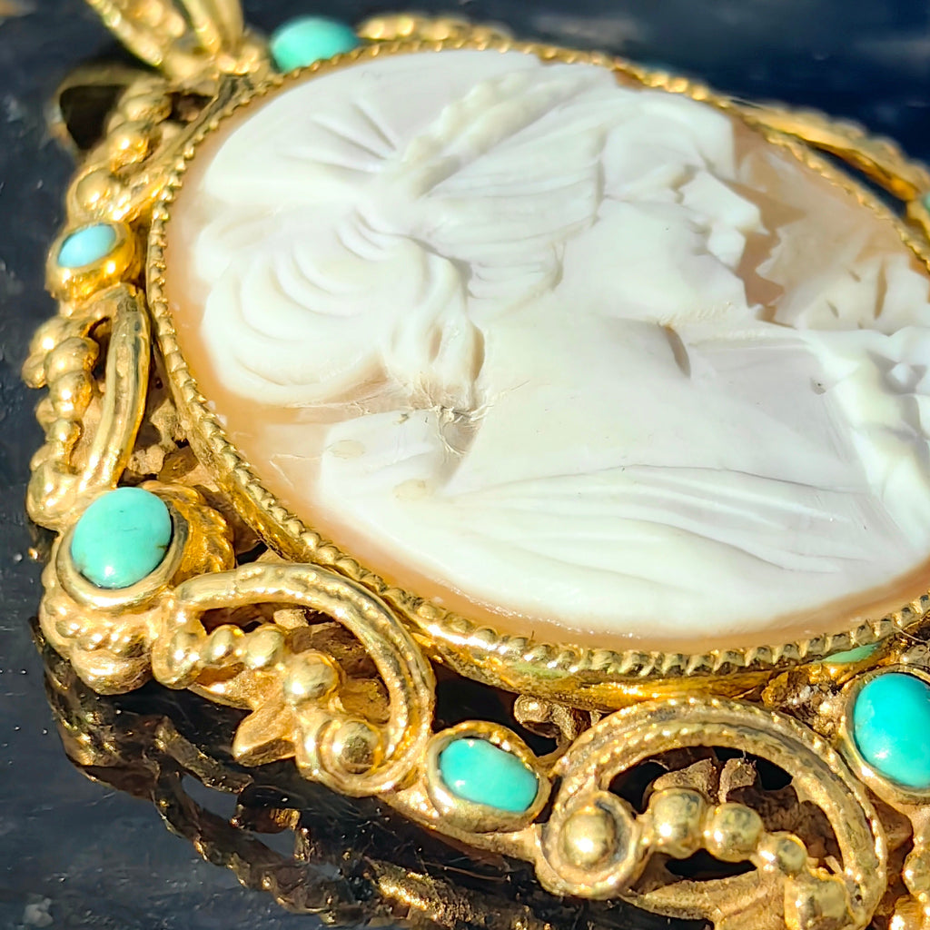 Victorian Antique Vintage Cameo Turquoise Gold plated Silver Frame Pendant