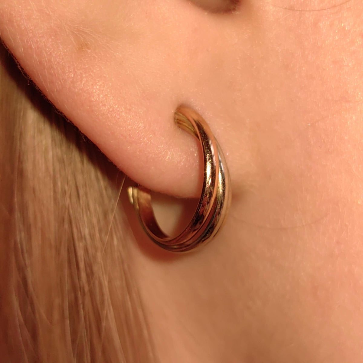 14k Hallmarked Solid Rose Yellow and White Gold Trinity model Elegant Three tone Gold Minimalist Design Push back Earrings gift for her