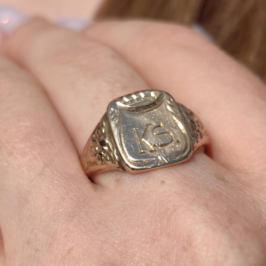 14k Yellow Gold Antique Signet Ring: Crown & KS Initials, Size 11
