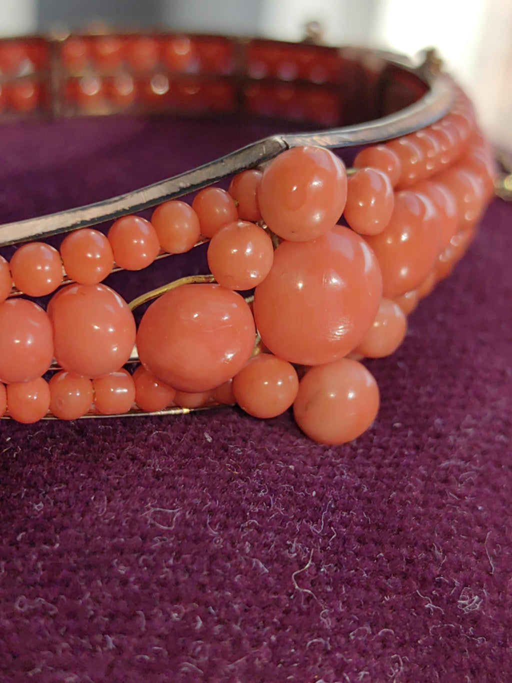 Victorian Coral Bracelet Gold Plated Silver Hinged Bangle Antique Coral Bead Statement Jewelry US Duty Free HTS 9706