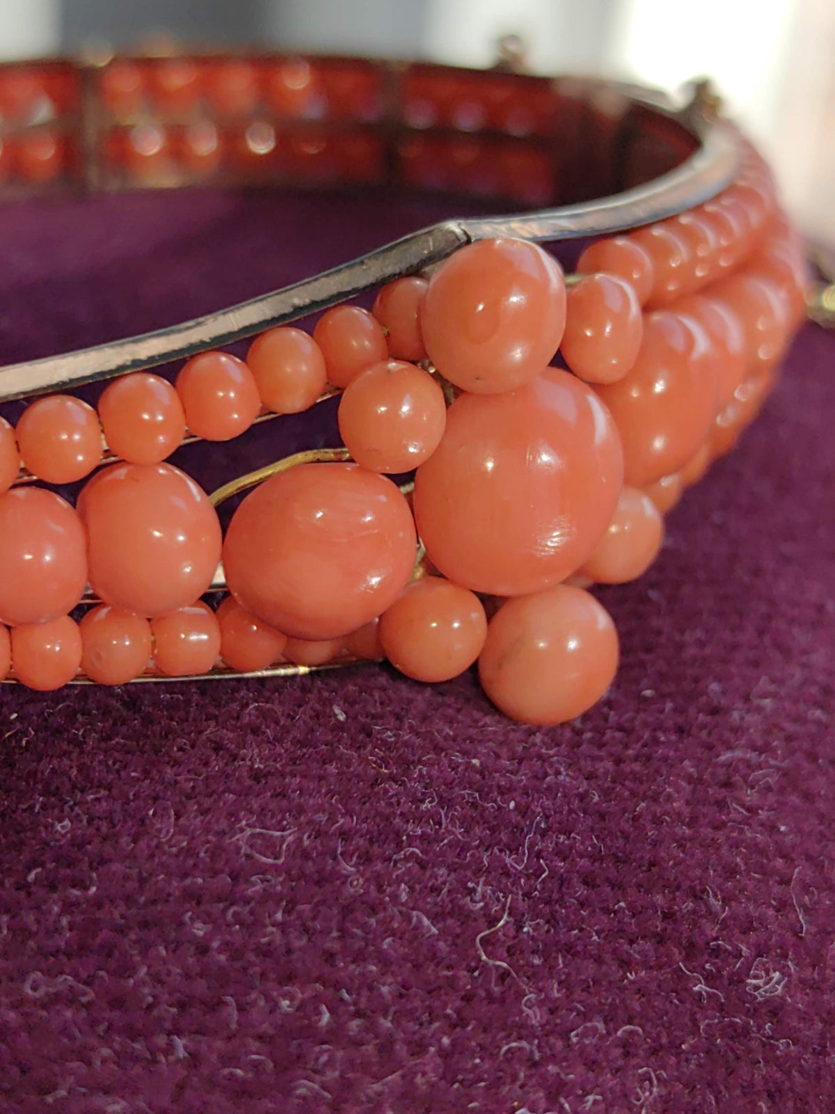 Victorian Coral Bracelet Gold Plated Silver Hinged Bangle Antique Coral Bead Statement Jewelry US Duty Free HTS 9706