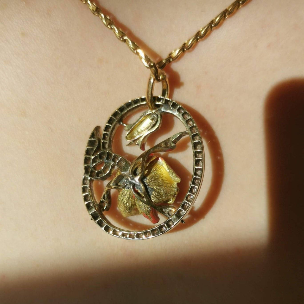 Antique Gold Poppy Flower Pendant Rose Cut Diamonds Red Hand Painted Enamel Art Nouveau Floral Vintage Charm