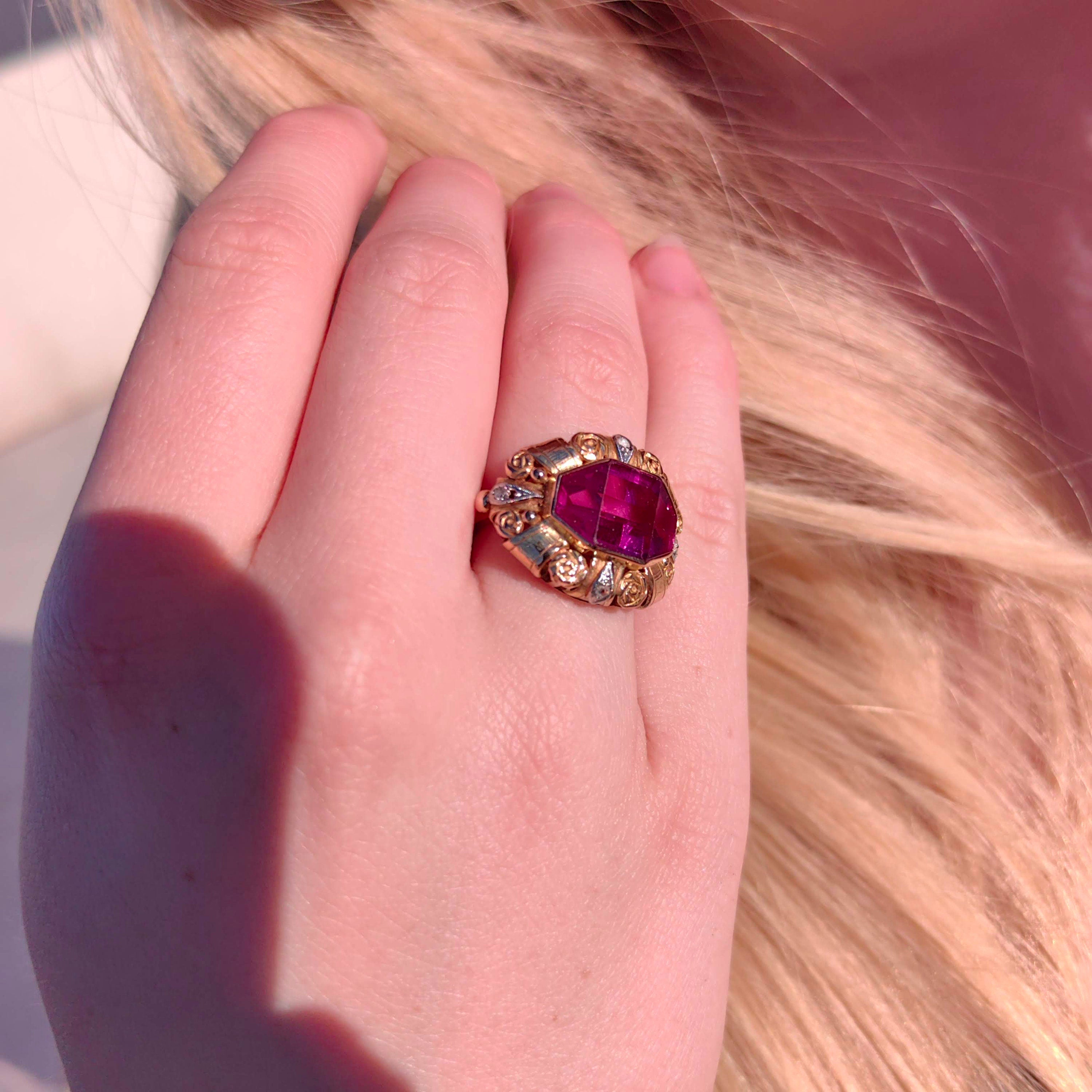 Art Deco 18k Yellow Gold Ring: Vintage Lab Grown Ruby and Diamond