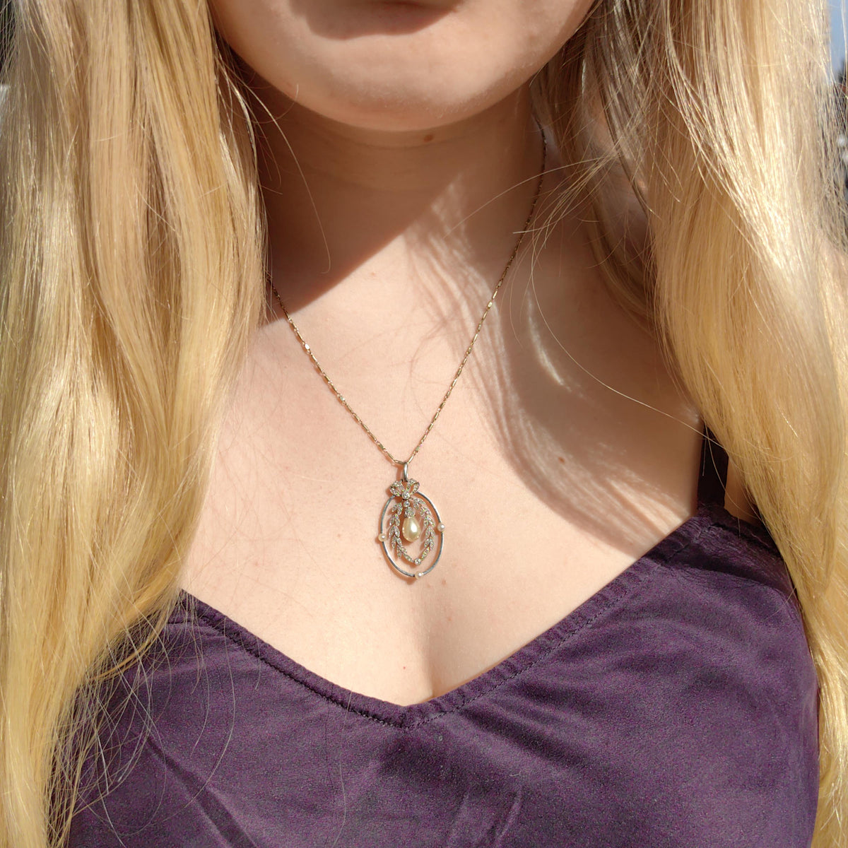 Art Nouveau Diamond Pearl Pendant: 18k Gold Platinum Edwardian Jewelry